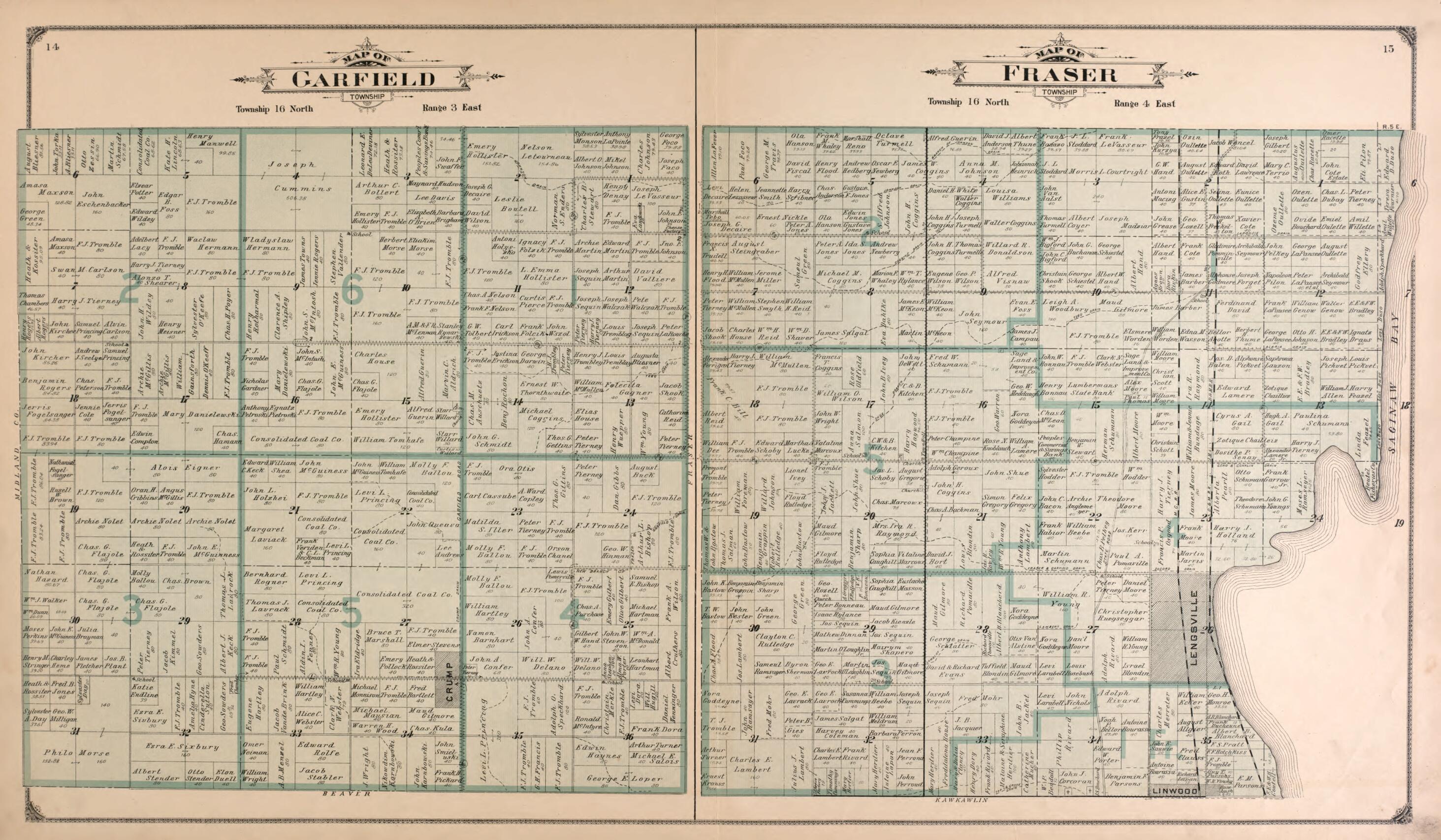 This old map of Garfield and Fraser Townships from Atlas of Bay County, Michigan from 1916 was created by Standard Map Company in 1916