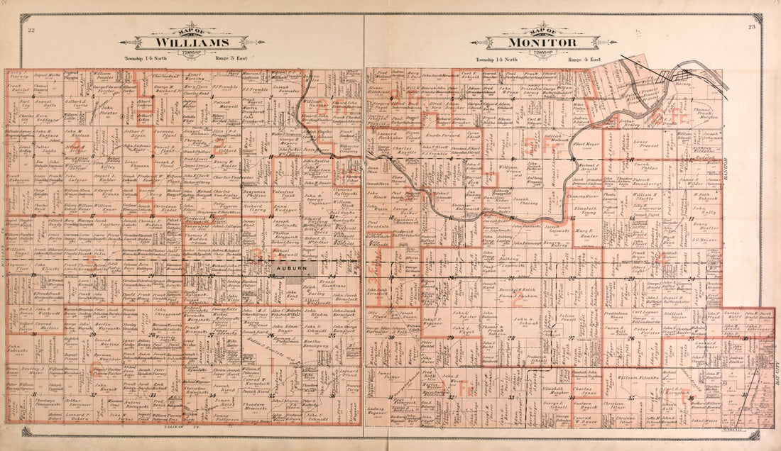 This old map of Williams and Monitor Townships from Atlas of Bay County, Michigan from 1916 was created by Standard Map Company in 1916