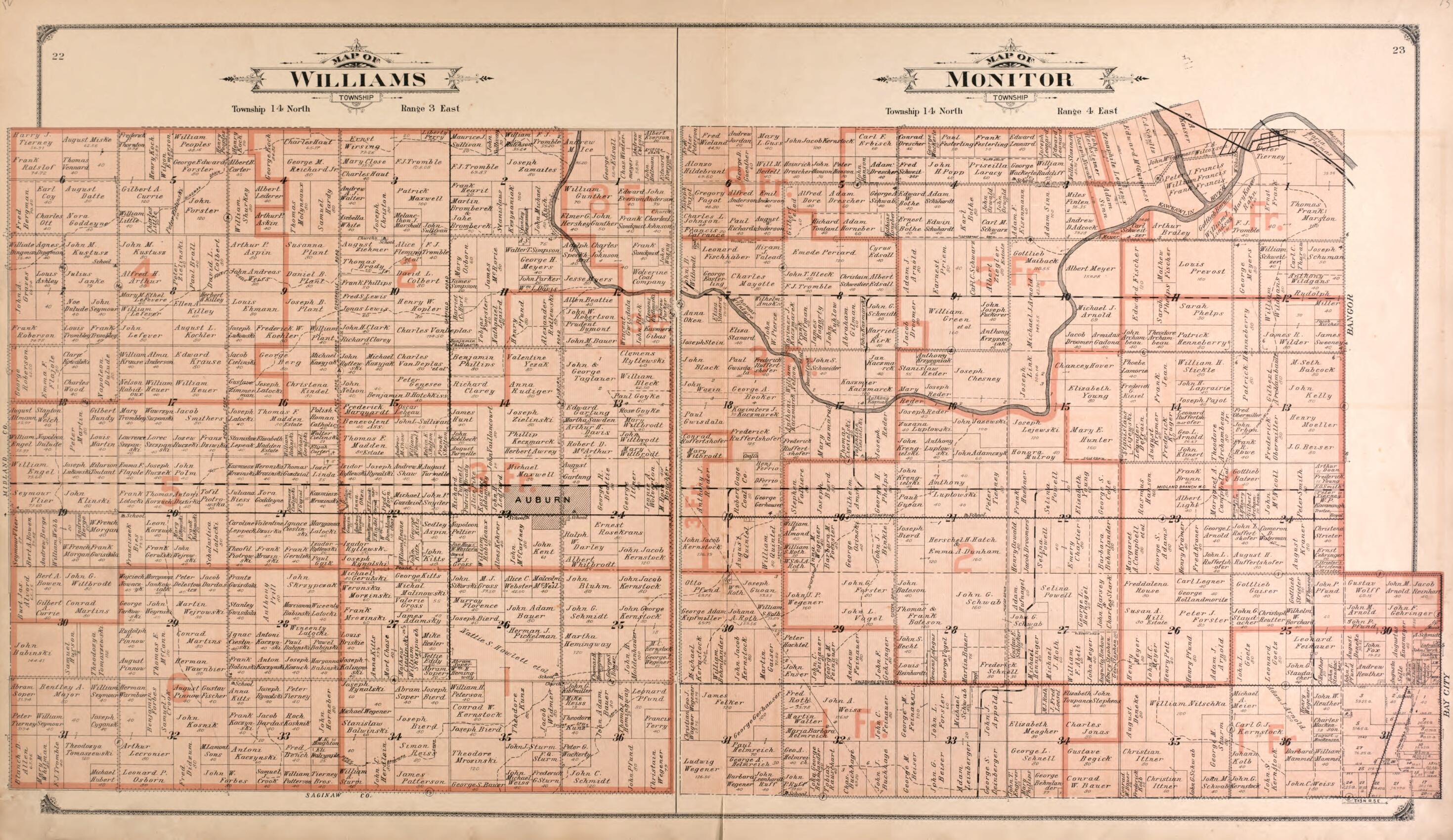 This old map of Williams and Monitor Townships from Atlas of Bay County, Michigan from 1916 was created by Standard Map Company in 1916
