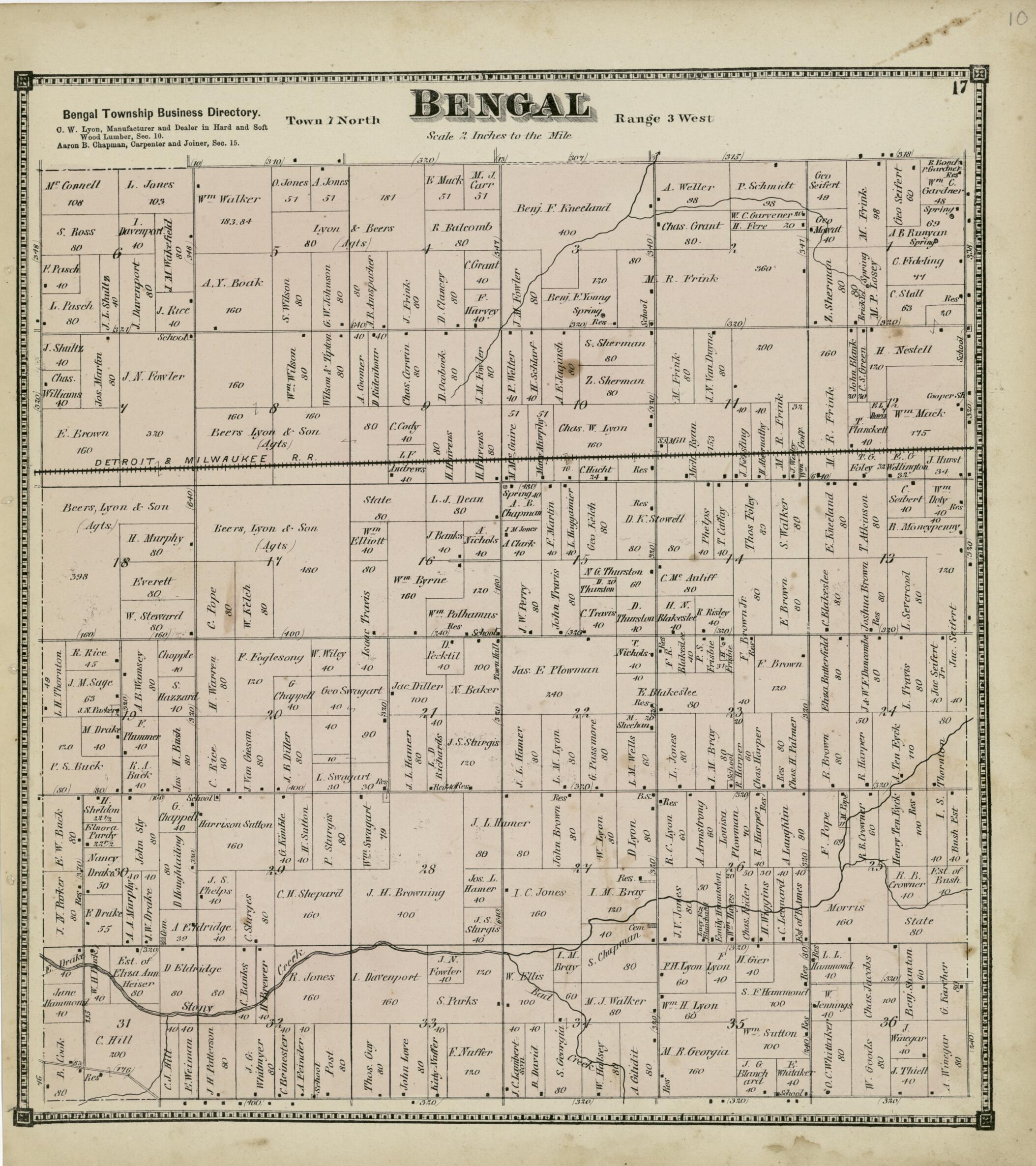 This old map of Bengal from Atlas of Clinton County, Michigan from 1873 was created by Worley & Bracher in 1873