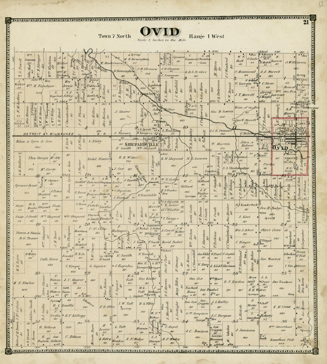 This old map of 21: Ovid from Atlas of Clinton County, Michigan from 1873 was created by Worley & Bracher in 1873