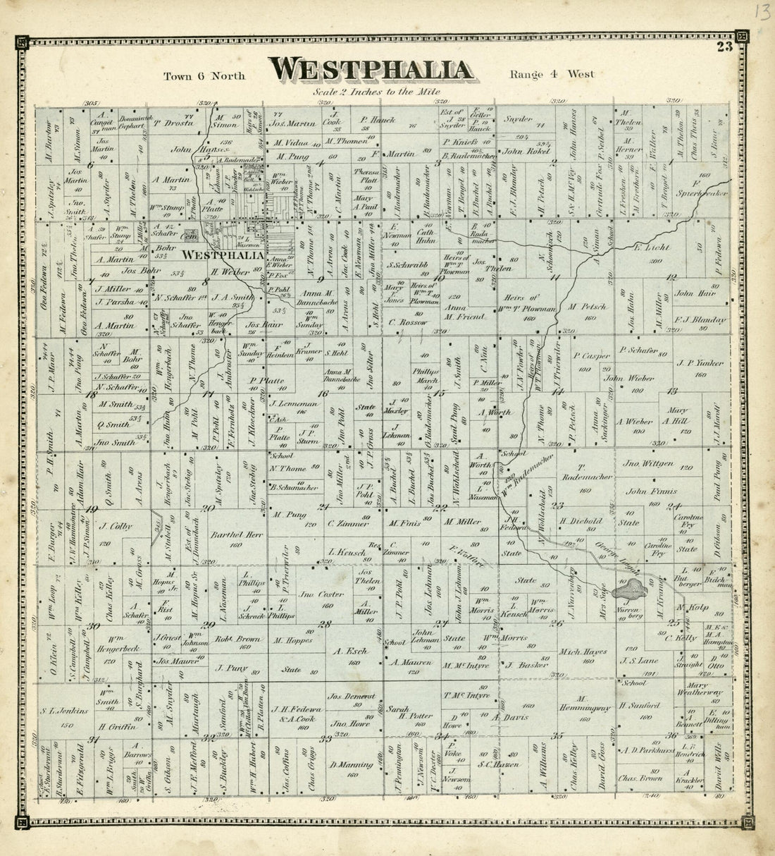 This old map of Westphalia from Atlas of Clinton County, Michigan from 1873 was created by Worley & Bracher in 1873