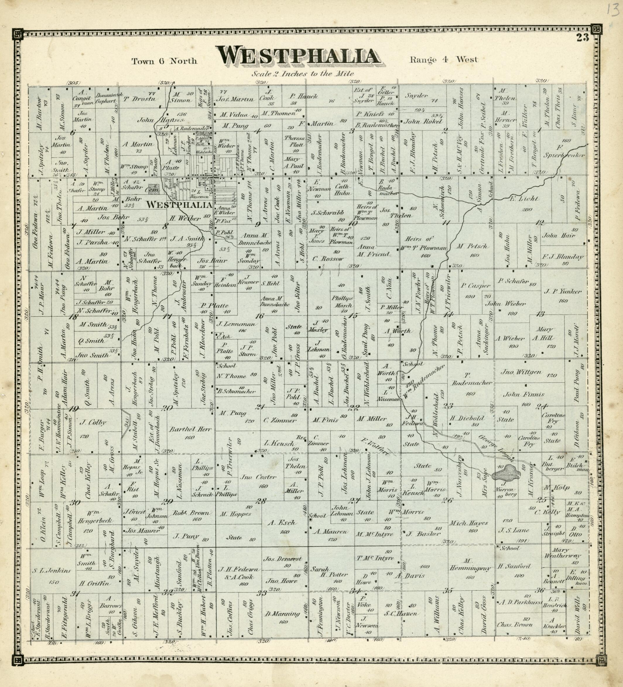 This old map of Westphalia from Atlas of Clinton County, Michigan from 1873 was created by Worley & Bracher in 1873