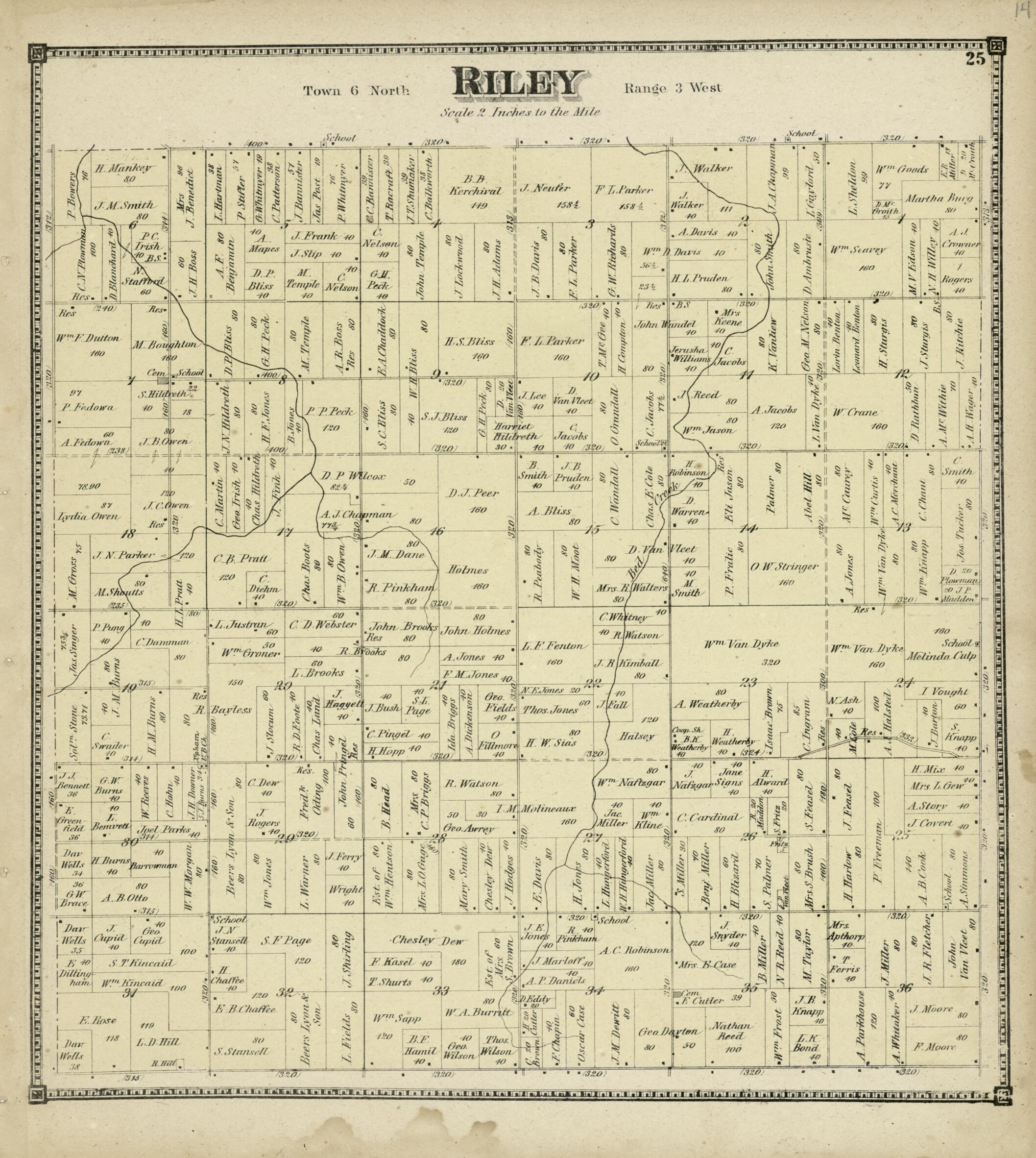 This old map of Riley from Atlas of Clinton County, Michigan from 1873 was created by Worley & Bracher in 1873
