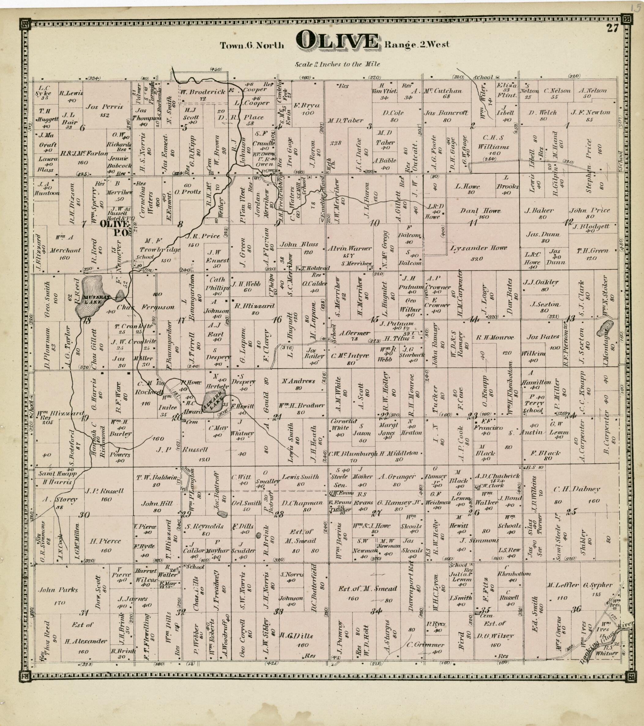 This old map of Olive from Atlas of Clinton County, Michigan from 1873 was created by Worley & Bracher in 1873