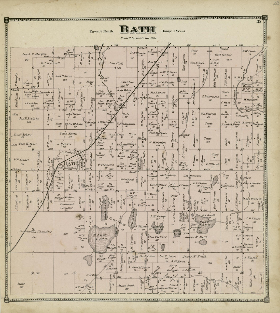 This old map of Bath from Atlas of Clinton County, Michigan from 1873 was created by Worley & Bracher in 1873