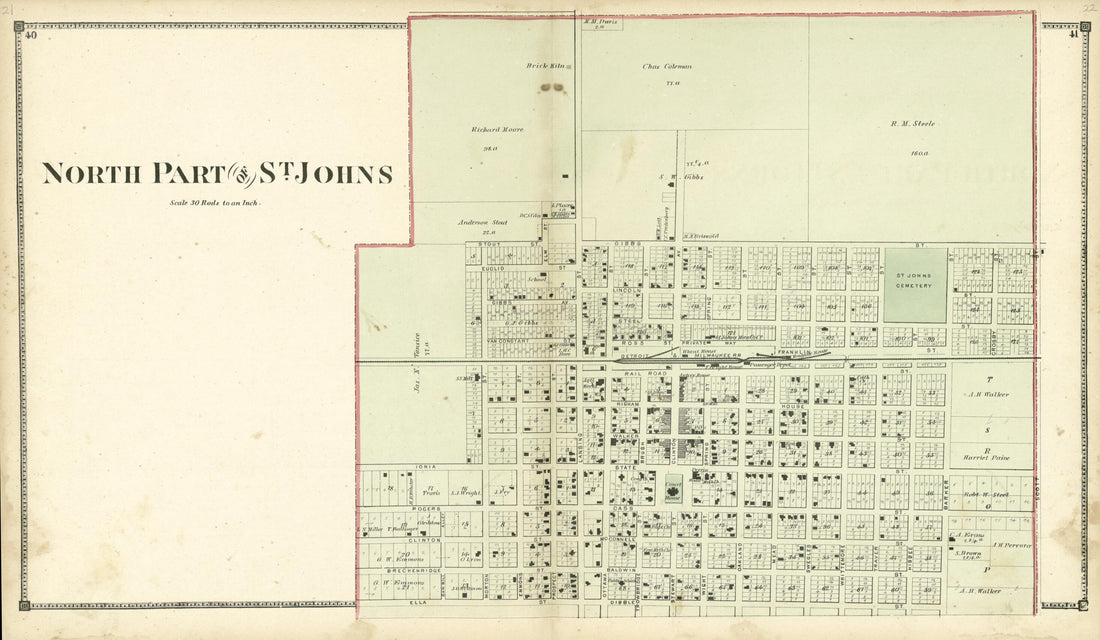 This old map of North Part of St. Johns from Atlas of Clinton County, Michigan from 1873 was created by Worley & Bracher in 1873