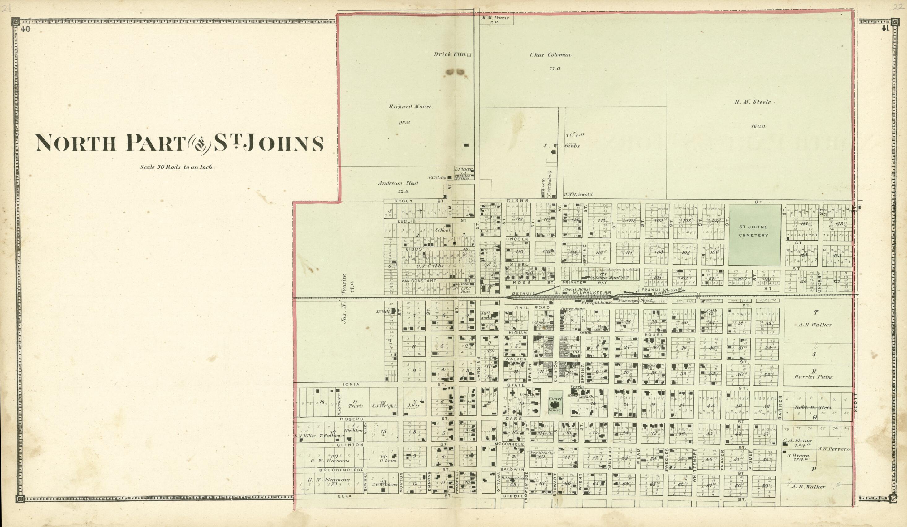This old map of North Part of St. Johns from Atlas of Clinton County, Michigan from 1873 was created by Worley & Bracher in 1873