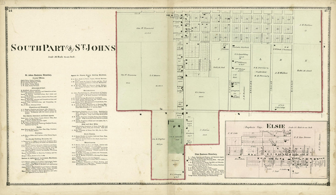 This old map of South Part of St. Johns from Atlas of Clinton County, Michigan from 1873 was created by Worley & Bracher in 1873