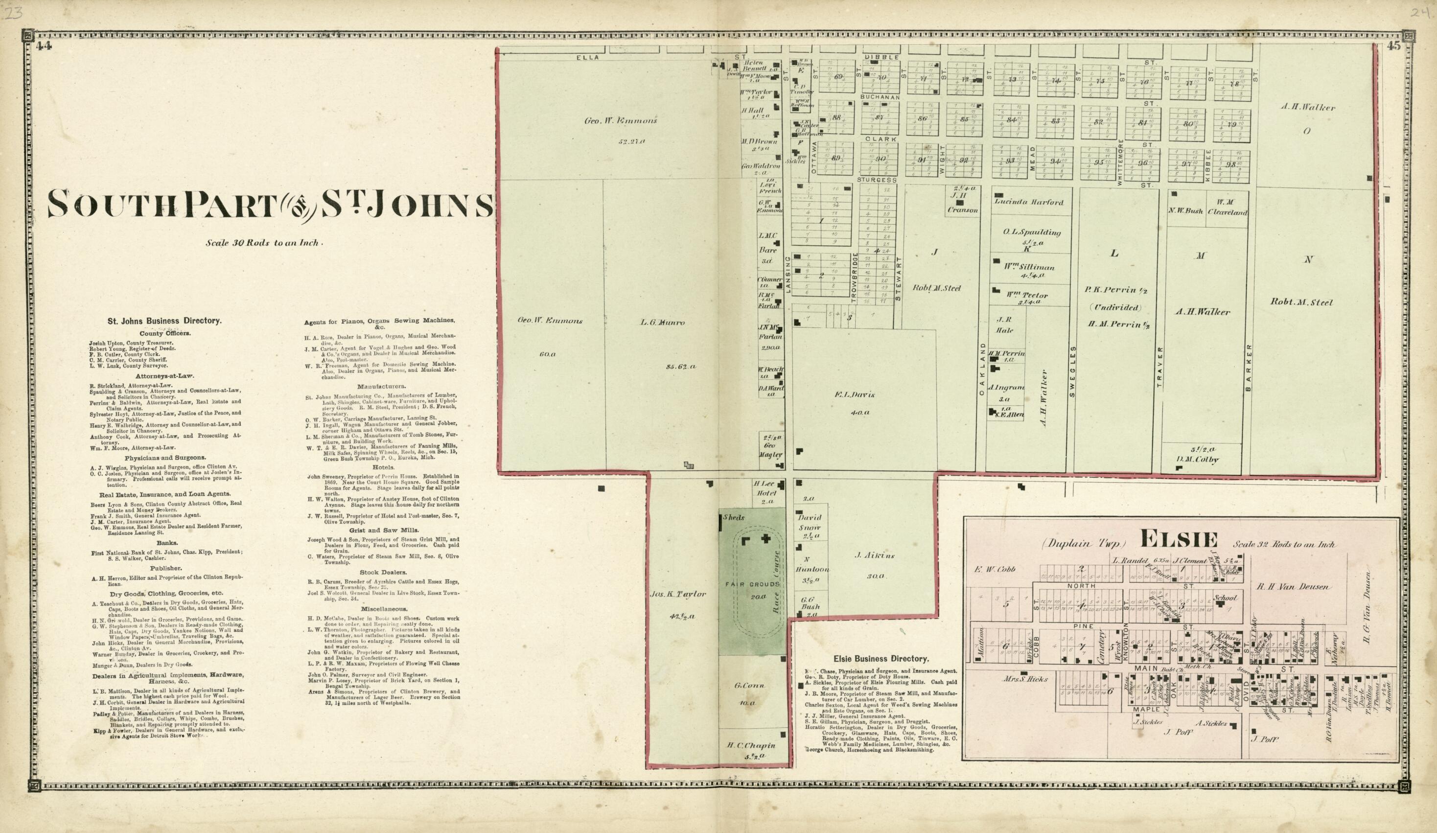 This old map of South Part of St. Johns from Atlas of Clinton County, Michigan from 1873 was created by Worley & Bracher in 1873