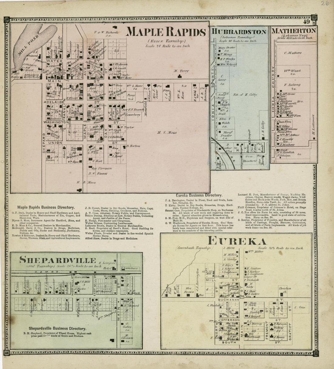 This old map of Maple Rapids; Hubbardston; Matherton; Shepardville; Eureka from Atlas of Clinton County, Michigan from 1873 was created by Worley & Bracher in 1873
