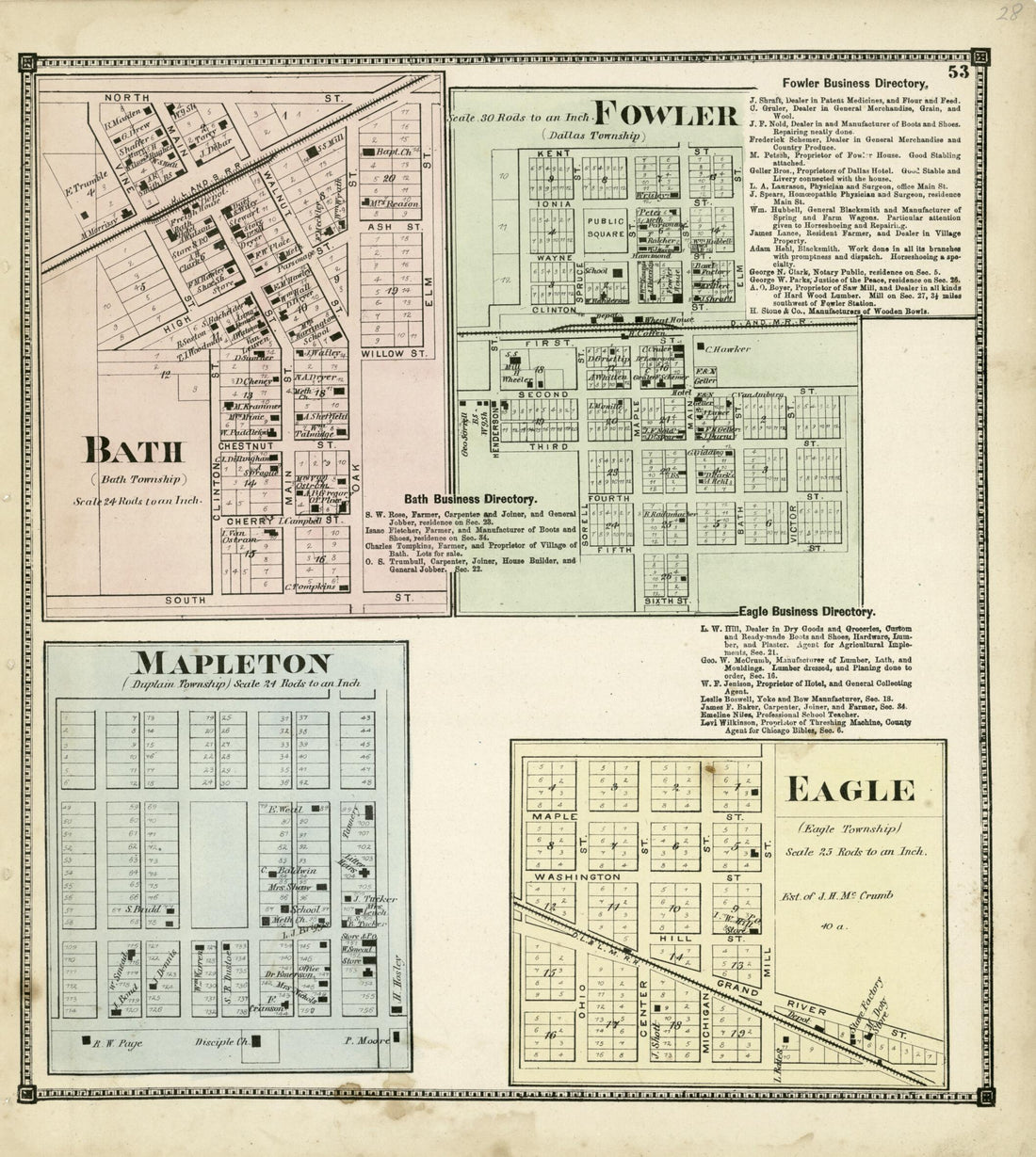 This old map of Bath; Fowler; Mapleton; Eagle from Atlas of Clinton County, Michigan from 1873 was created by Worley & Bracher in 1873