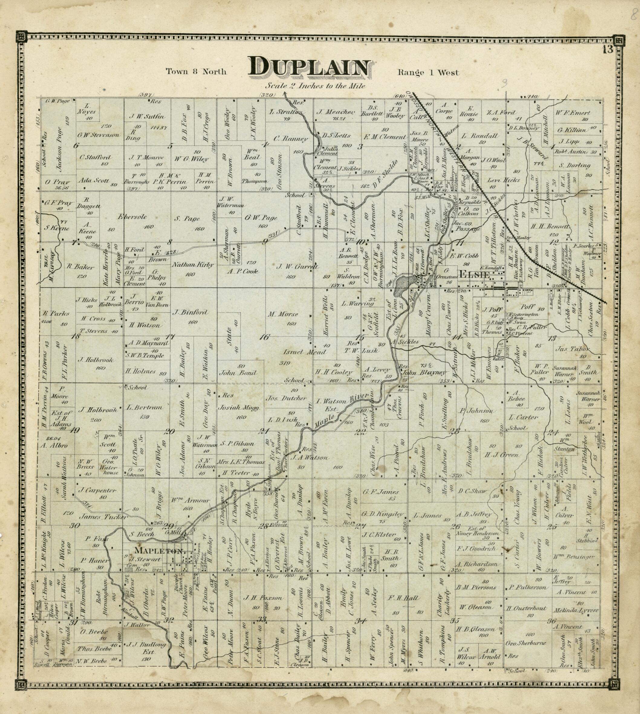 This old map of Duplain from Atlas of Clinton County, Michigan from 1873 was created by Worley & Bracher in 1873