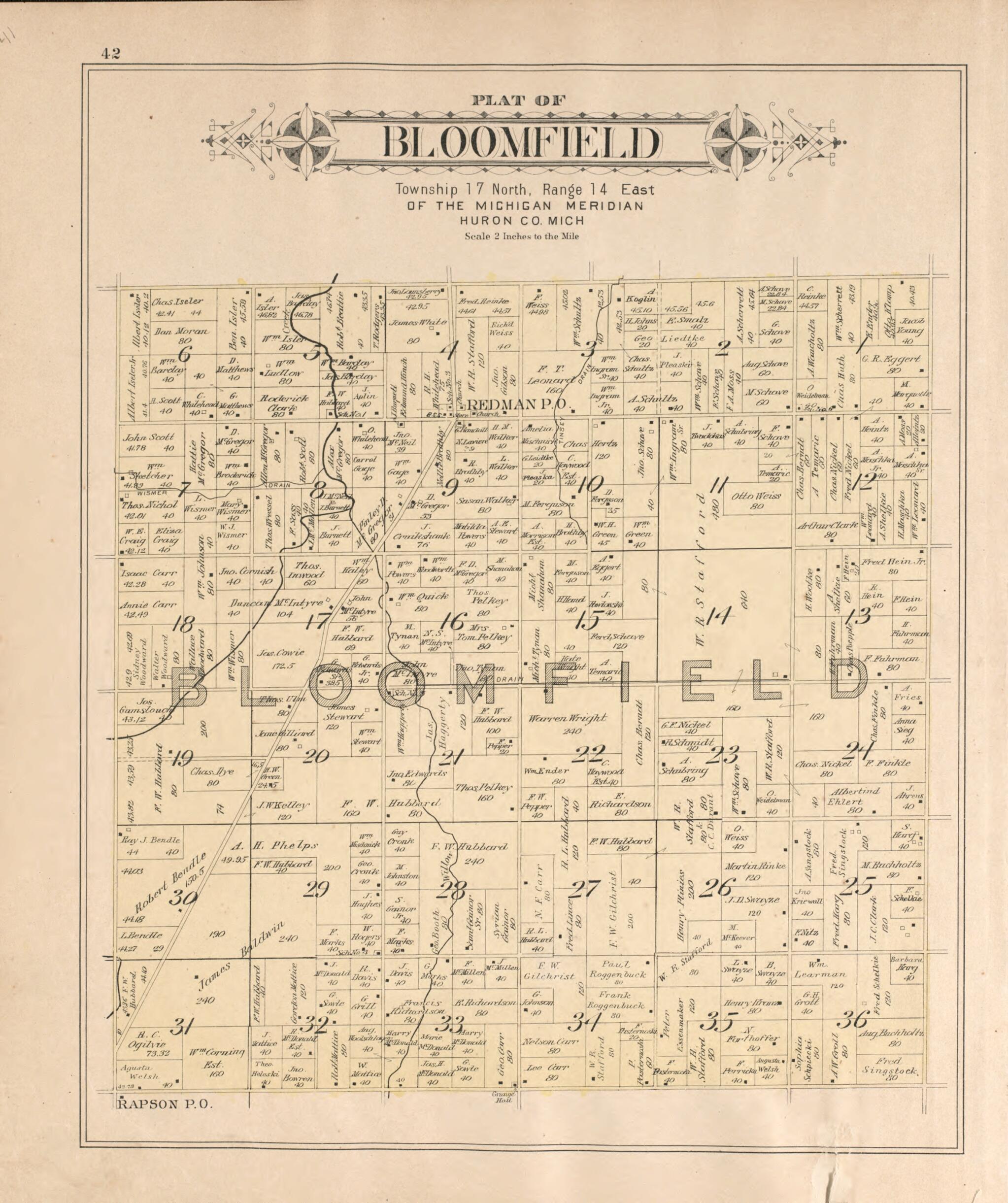 This old map of Bloomfield from Plat Book of Huron County, Michigan from 1904 was created by E. B. (Ernest B.) Foote in 1904