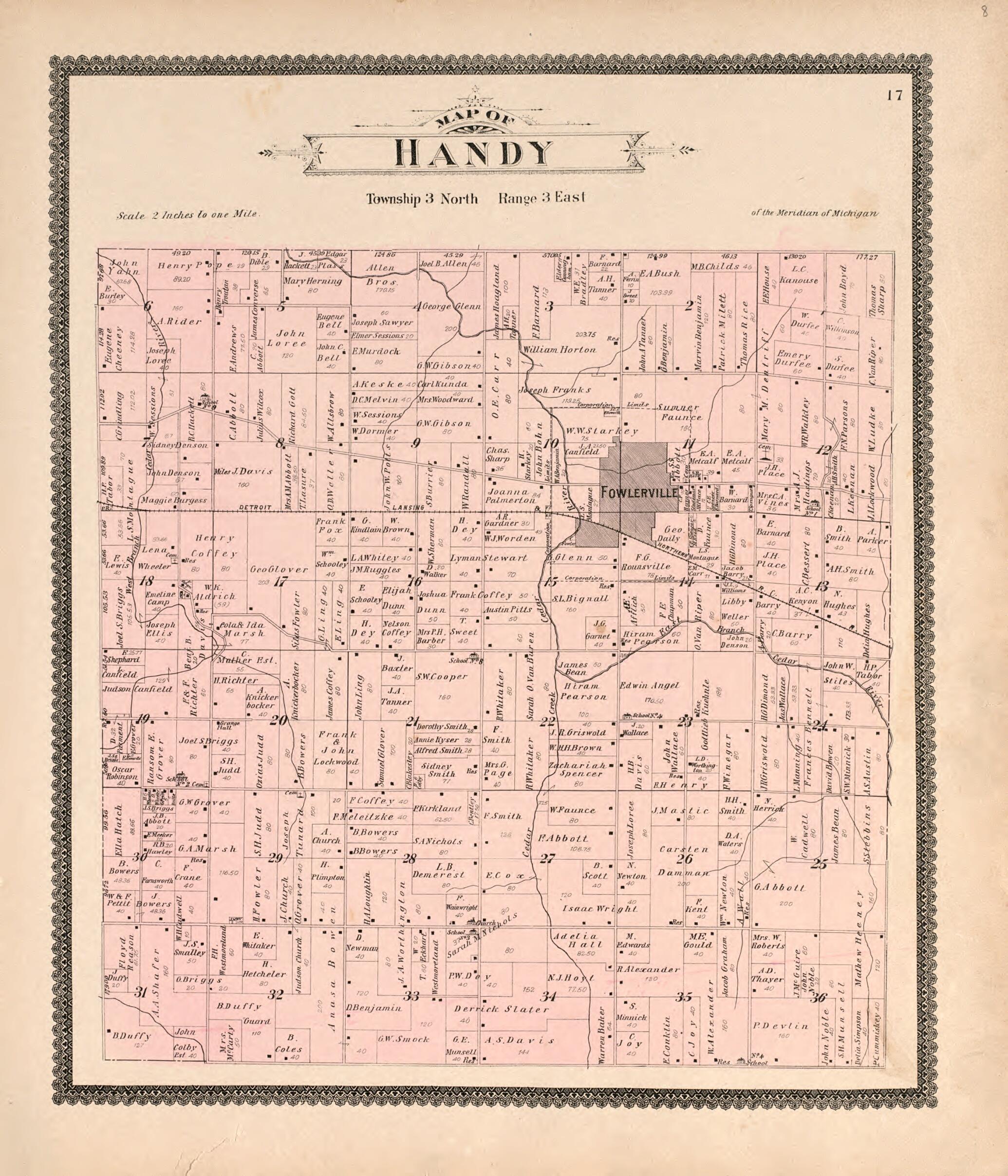 This old map of Handy from Standard Atlas of Livingston County, Michigan from 1895 was created by Geo. A. Ogle & Co in 1895