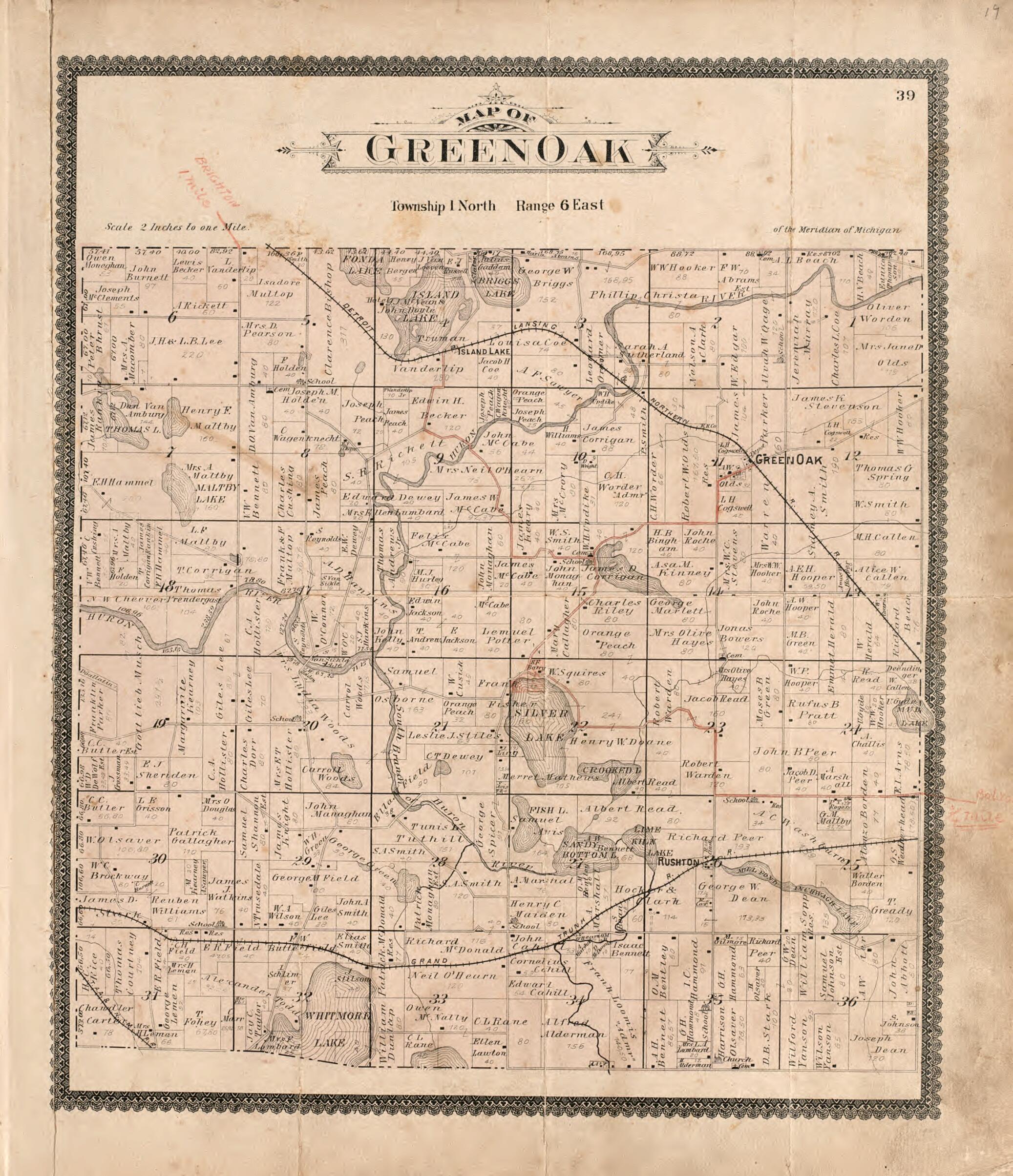 This old map of Green Oak from Standard Atlas of Livingston County, Michigan from 1895 was created by Geo. A. Ogle & Co in 1895