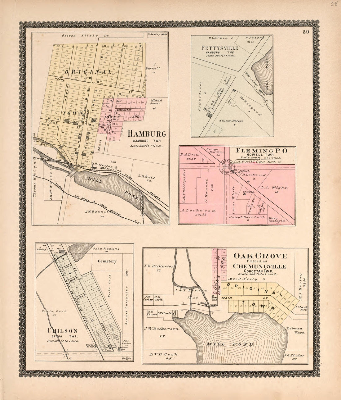 This old map of Hamburg, Pettysville, Fleming P.O., Chilson, & Oak Grove from Standard Atlas of Livingston County, Michigan from 1895 was created by Geo. A. Ogle & Co in 1895