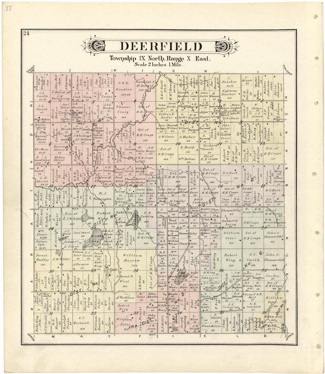 This old map of Deerfield from Atlas and Directory of Lapeer County, Michigan from 1893 was created by E. Robinson Co in 1893