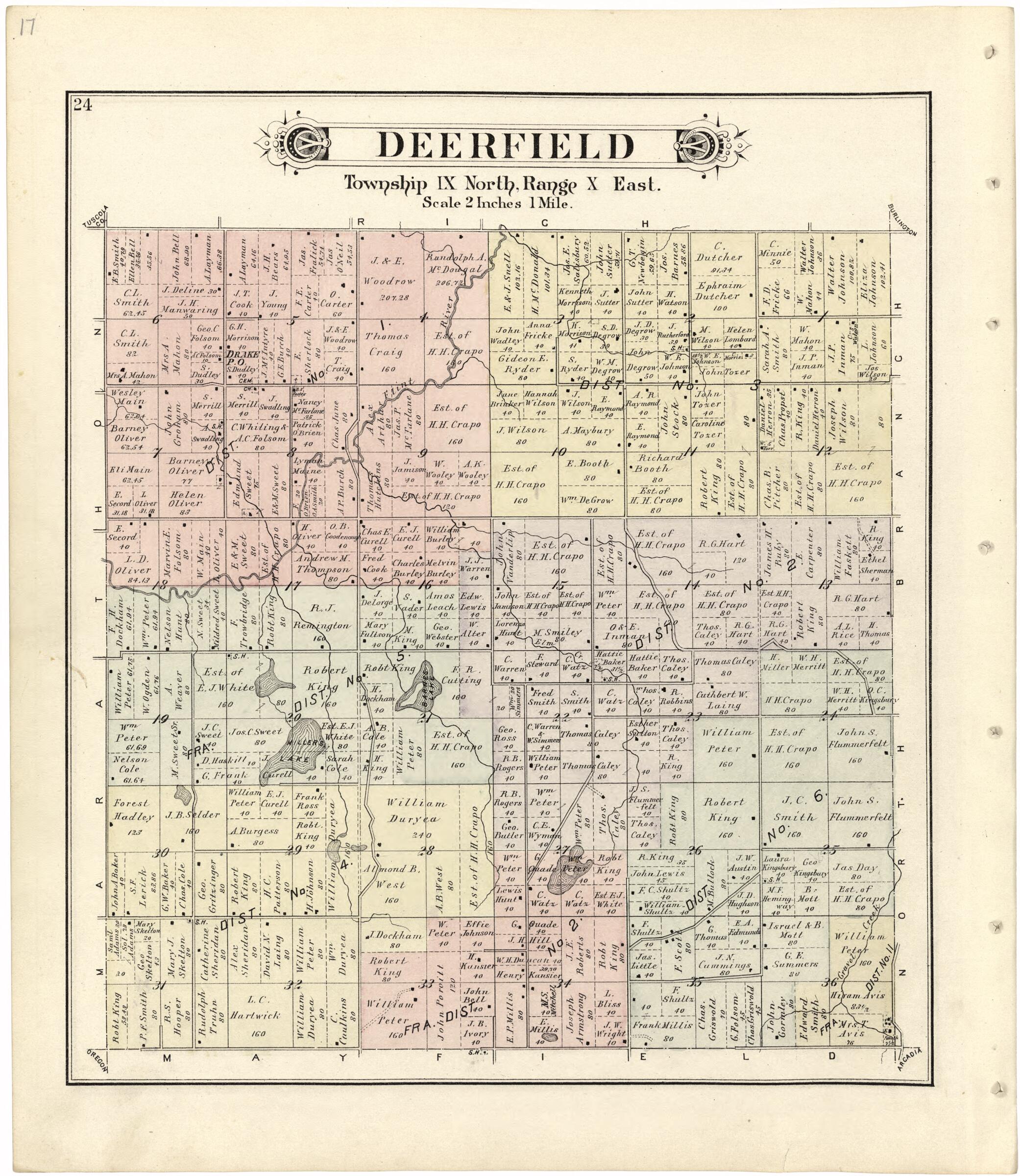 This old map of Deerfield from Atlas and Directory of Lapeer County, Michigan from 1893 was created by E. Robinson Co in 1893
