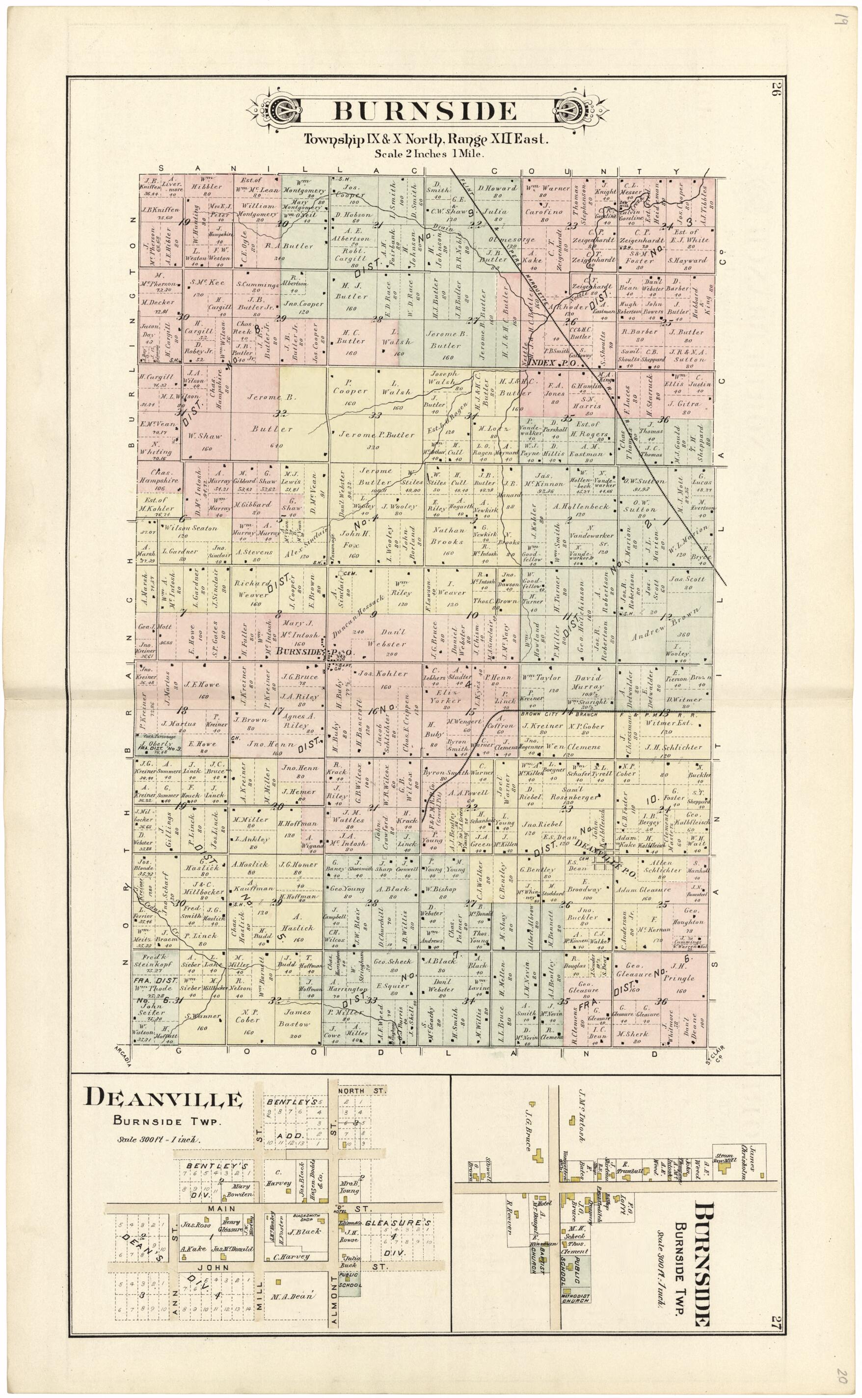This old map of Burnside from Atlas and Directory of Lapeer County, Michigan from 1893 was created by E. Robinson Co in 1893