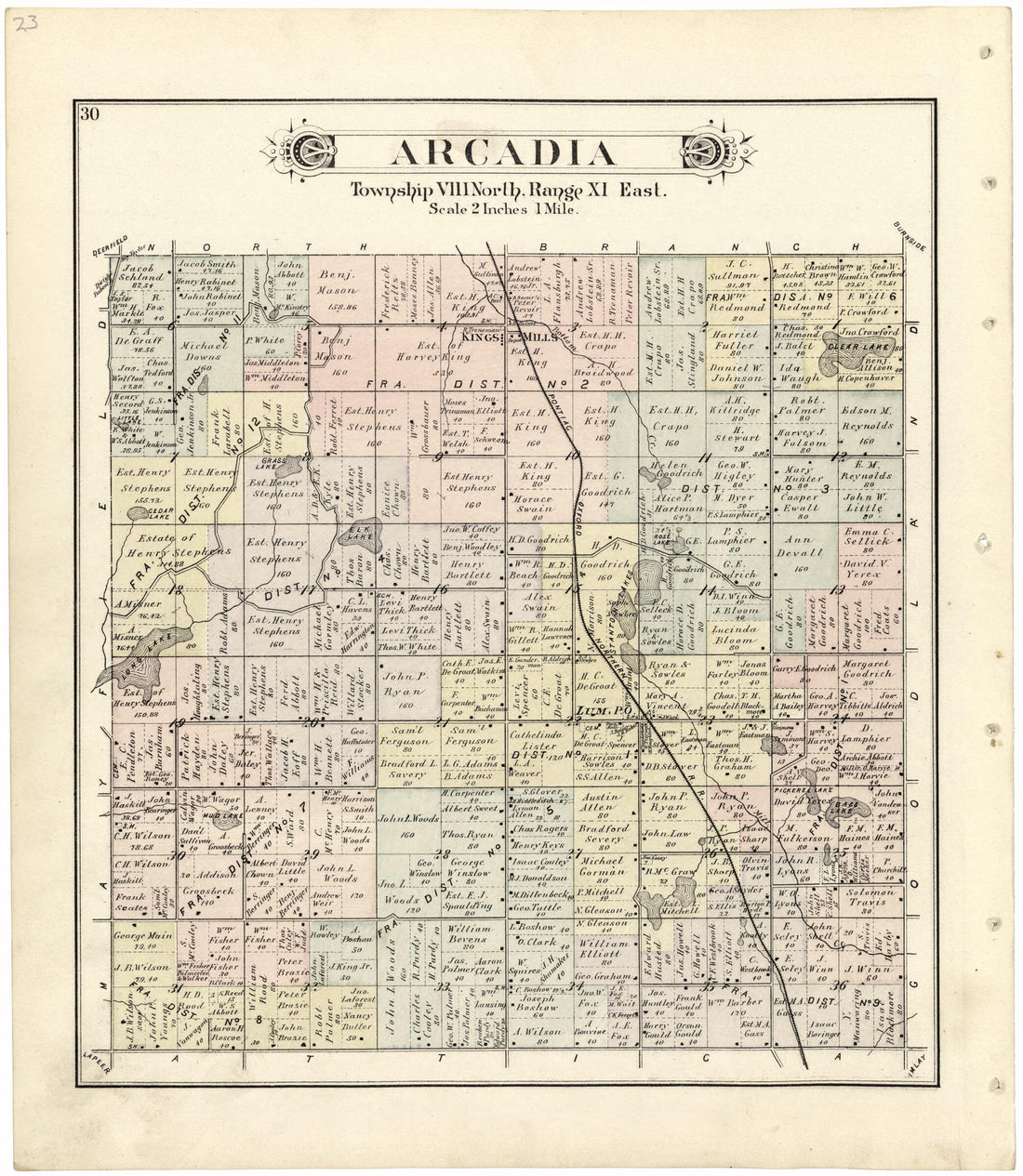 This old map of Arcadia from Atlas and Directory of Lapeer County, Michigan from 1893 was created by E. Robinson Co in 1893