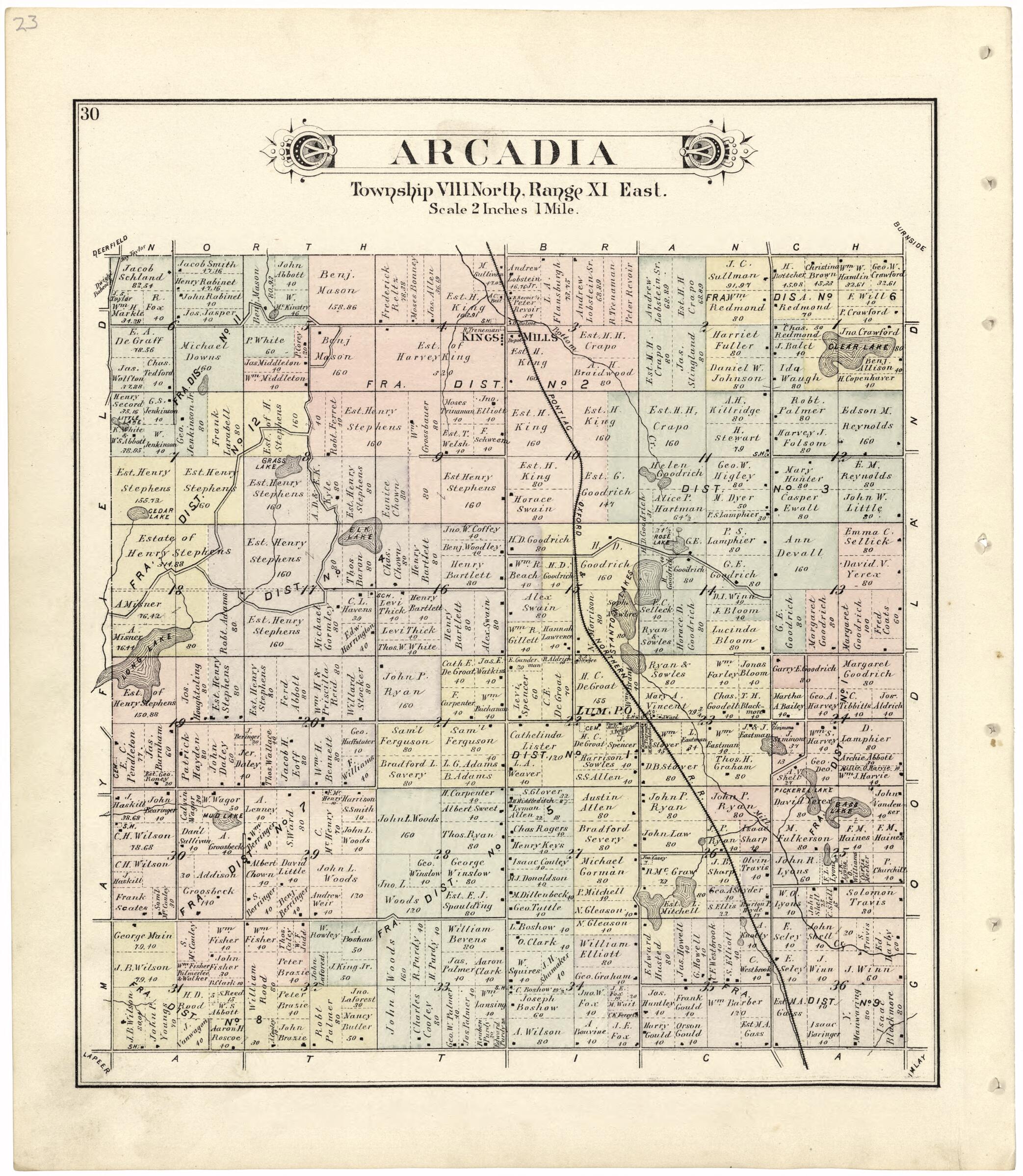 This old map of Arcadia from Atlas and Directory of Lapeer County, Michigan from 1893 was created by E. Robinson Co in 1893