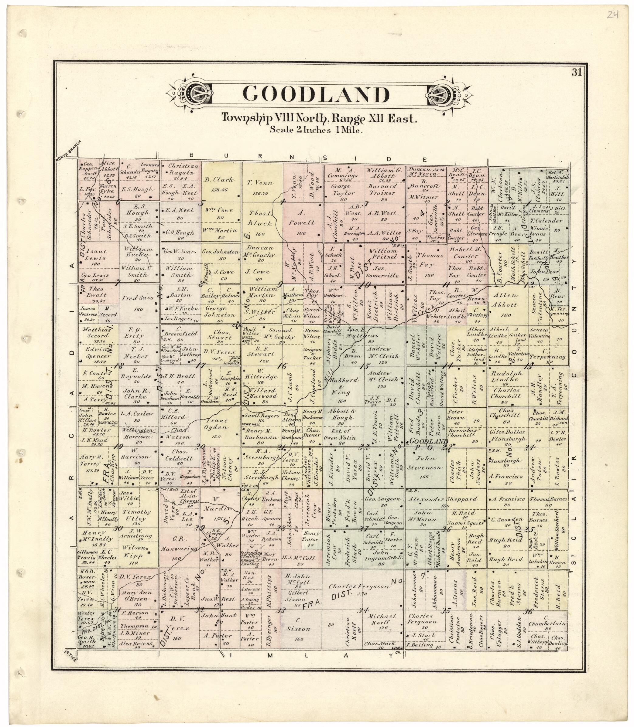 This old map of Goodland from Atlas and Directory of Lapeer County, Michigan from 1893 was created by E. Robinson Co in 1893
