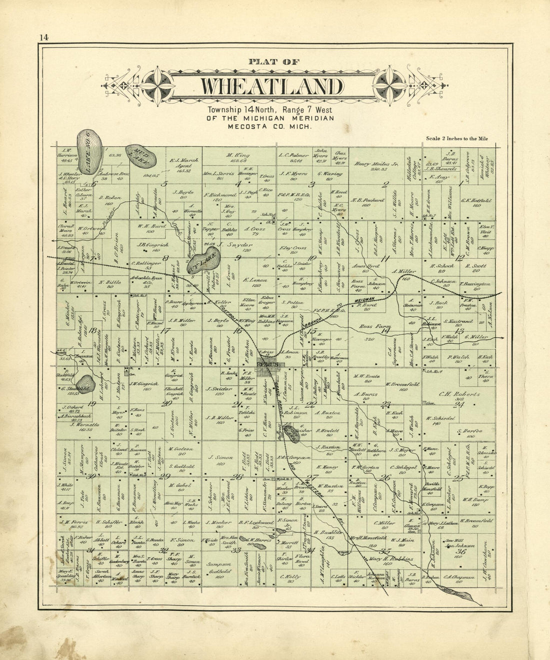 This old map of Plat of Wheatland from Plat Book of Mecosta County, Michigan from 1900 was created by P.A. & J.W. Myers (Firm) in 1900