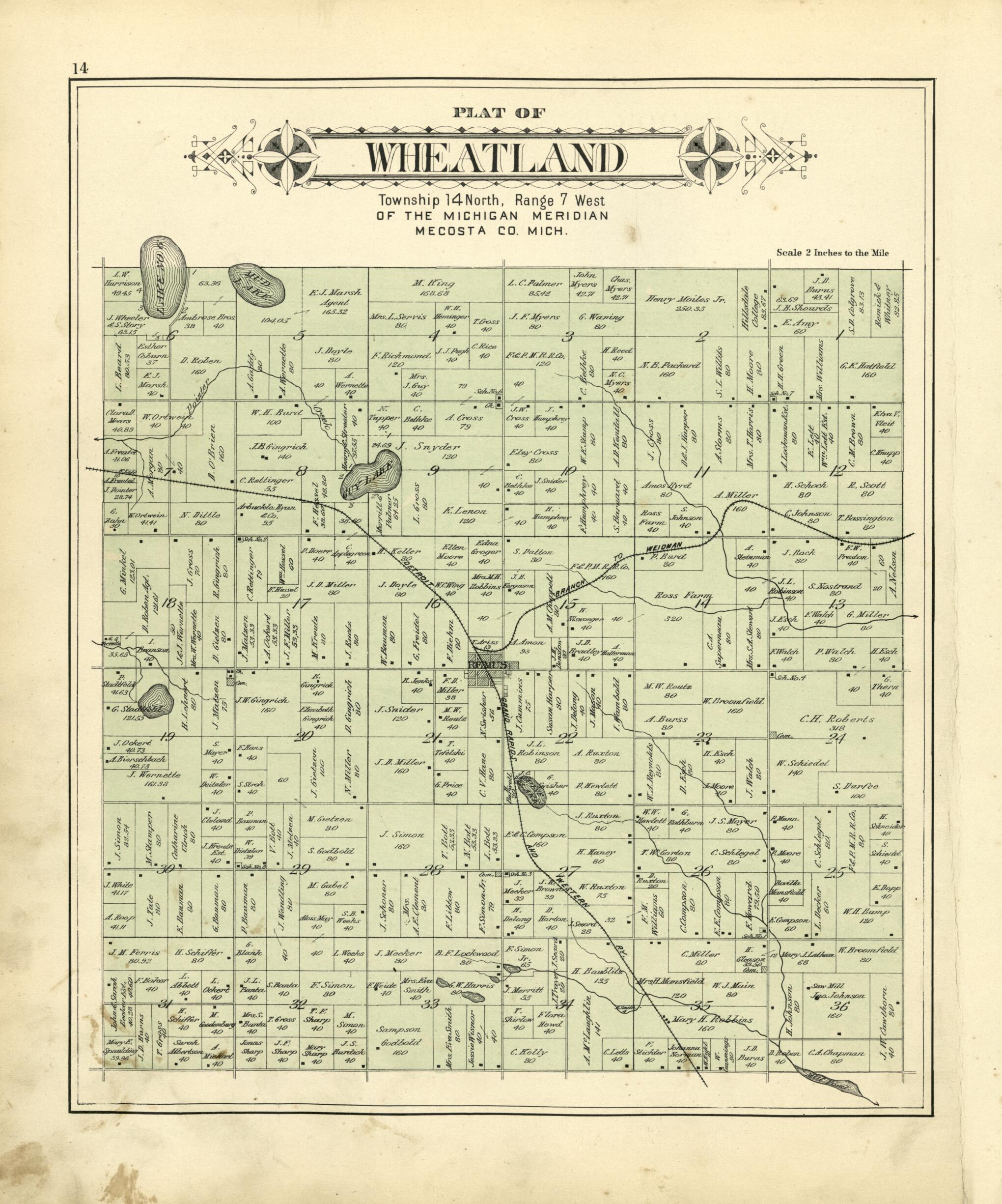 This old map of Plat of Wheatland from Plat Book of Mecosta County, Michigan from 1900 was created by P.A. & J.W. Myers (Firm) in 1900