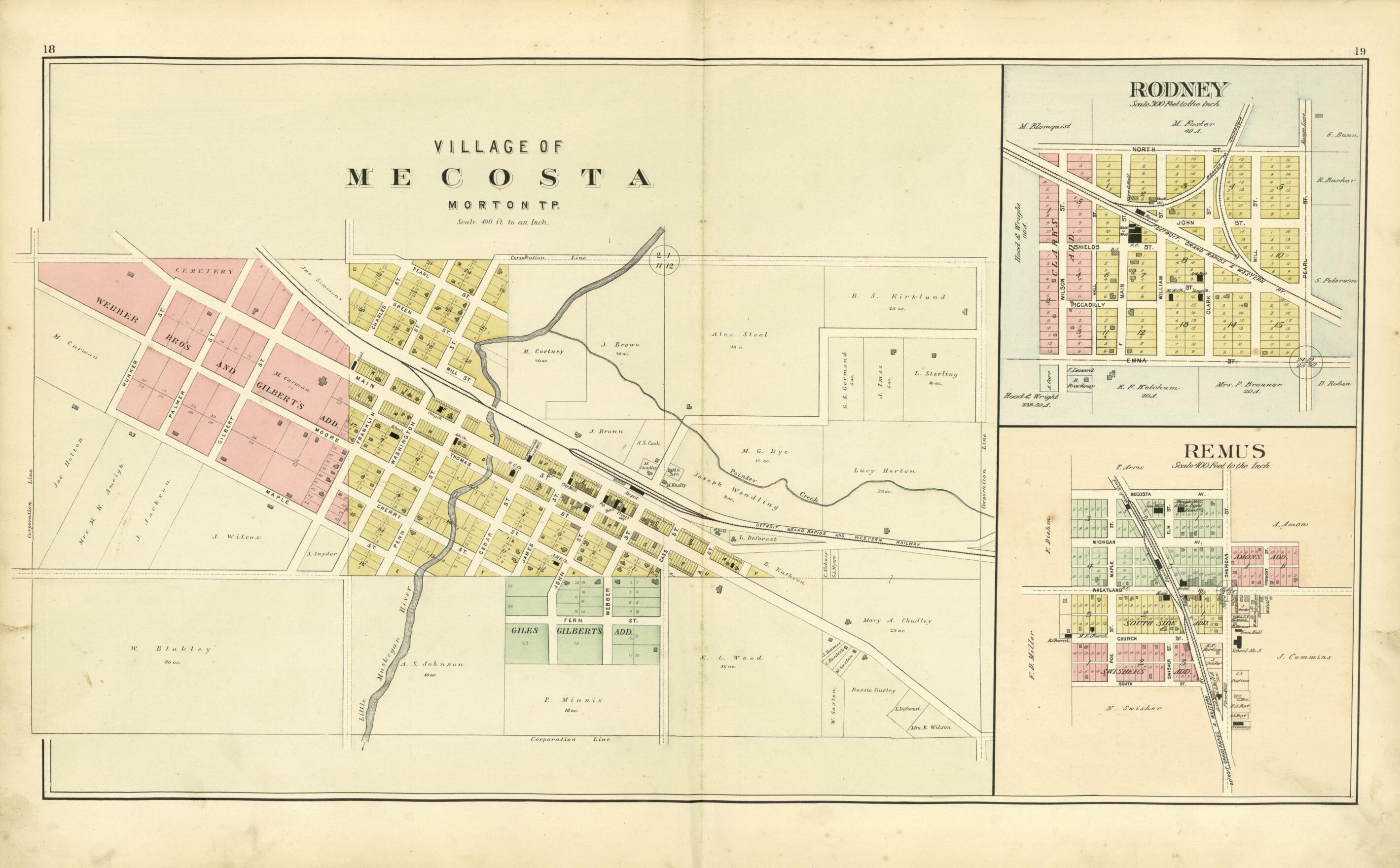 This old map of Village of Mecosta, Rodney, Remus from Plat Book of Mecosta County, Michigan from 1900 was created by P.A. & J.W. Myers (Firm) in 1900