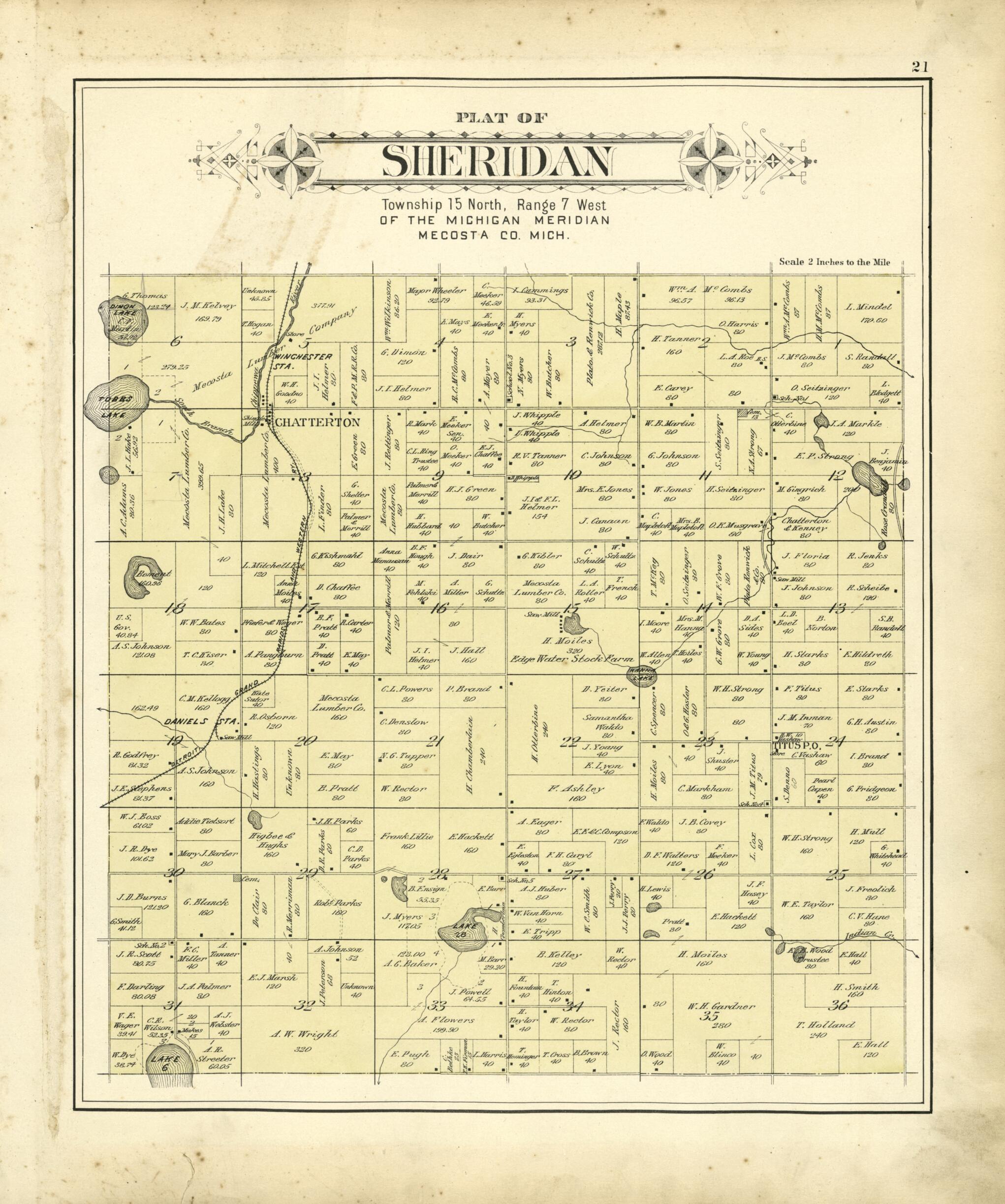 This old map of Plat of Sheridan from Plat Book of Mecosta County, Michigan from 1900 was created by P.A. & J.W. Myers (Firm) in 1900