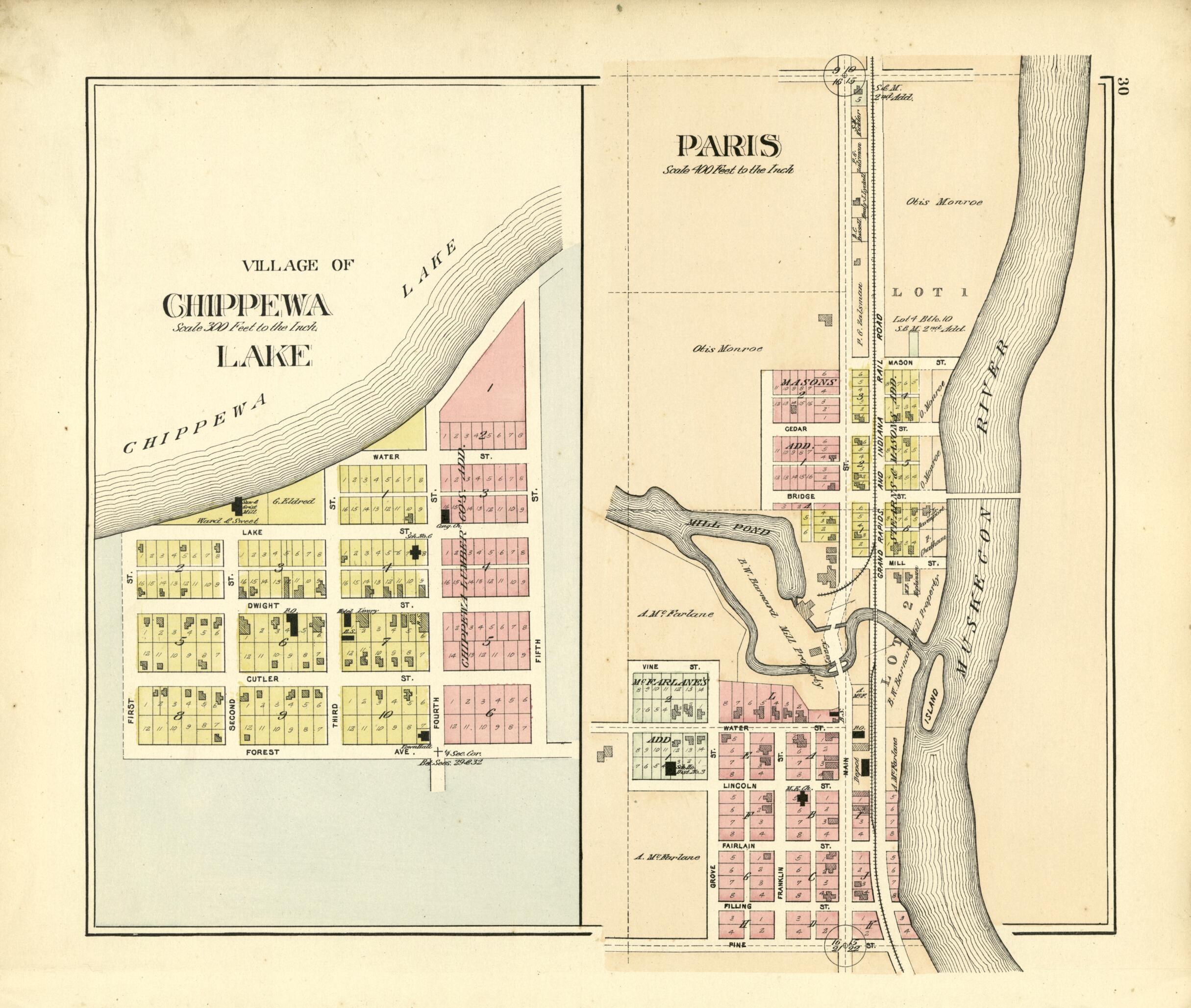 This old map of Village of Chippewa Lake; Paris from Plat Book of Mecosta County, Michigan from 1900 was created by P.A. & J.W. Myers (Firm) in 1900