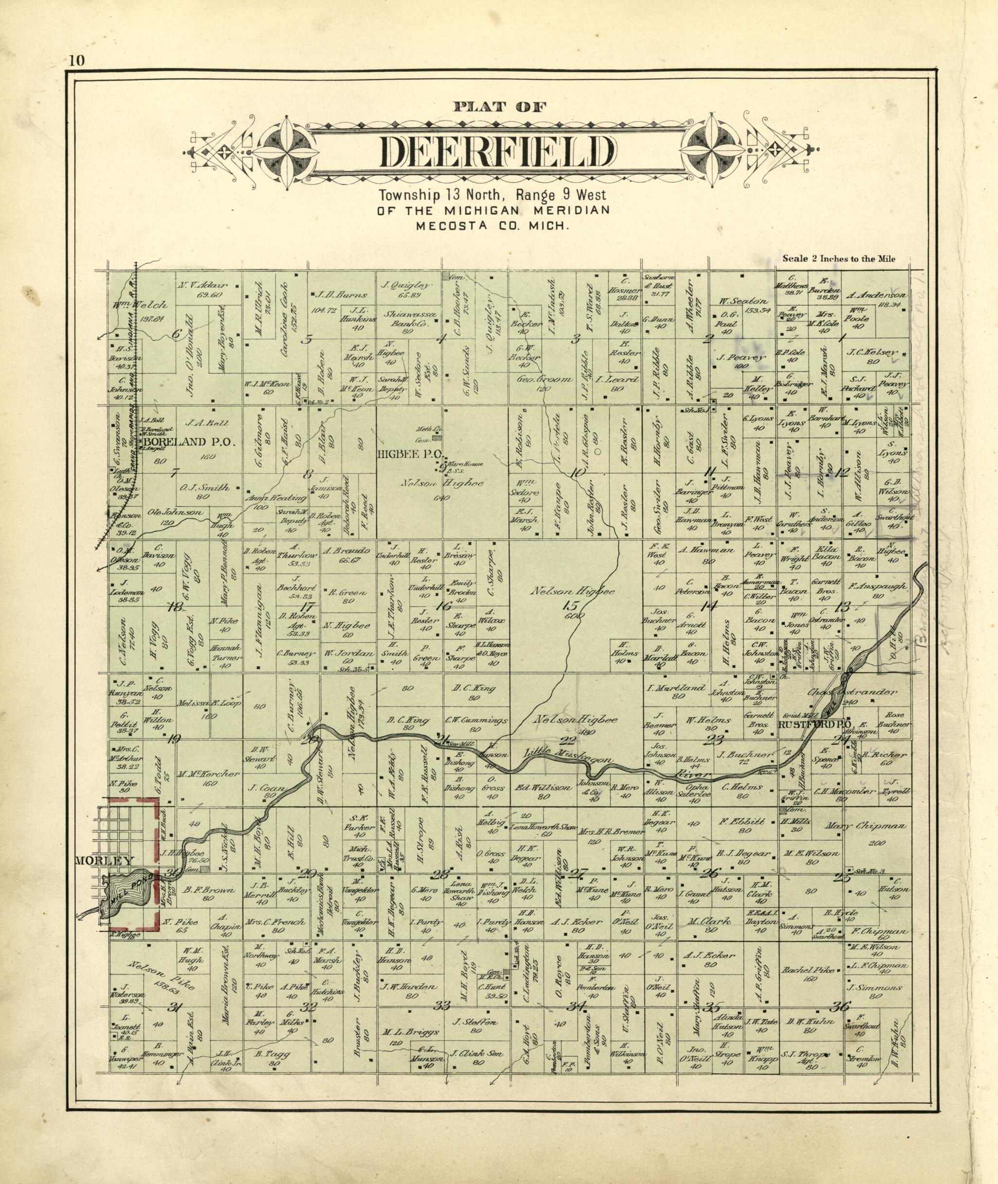 This old map of Plat of Deerfield from Plat Book of Mecosta County, Michigan from 1900 was created by P.A. & J.W. Myers (Firm) in 1900