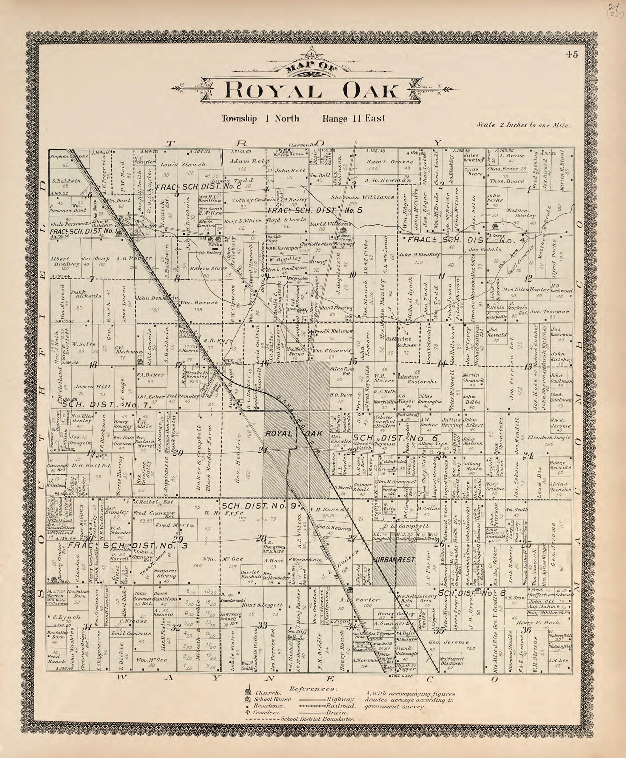 This old map of Map of Royal Oak from Illustrated Atlas of Oakland County, Michigan from 1896 was created by S. Wangersheim in 1896