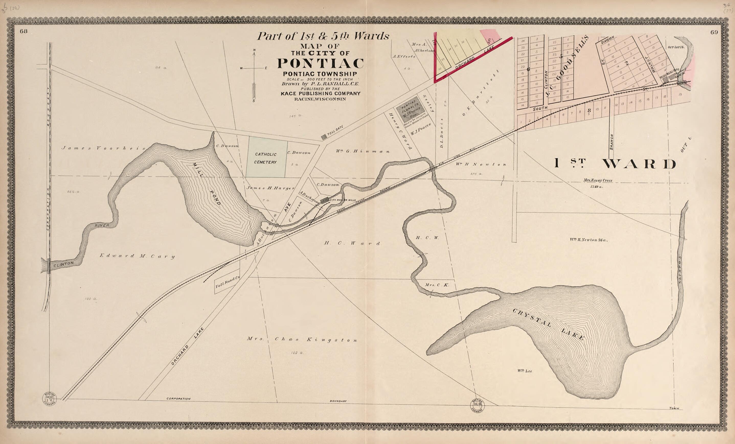 This old map of Part of the 1st & 5th Wards - Map of the City of Pontiac from Illustrated Atlas of Oakland County, Michigan from 1896 was created by S. Wangersheim in 1896