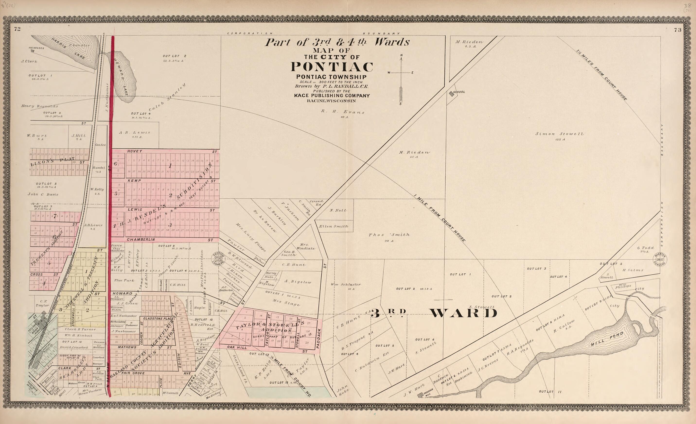 This old map of Part of the 3rd & 4th Wards - Map of the City of Pontiac from Illustrated Atlas of Oakland County, Michigan from 1896 was created by S. Wangersheim in 1896