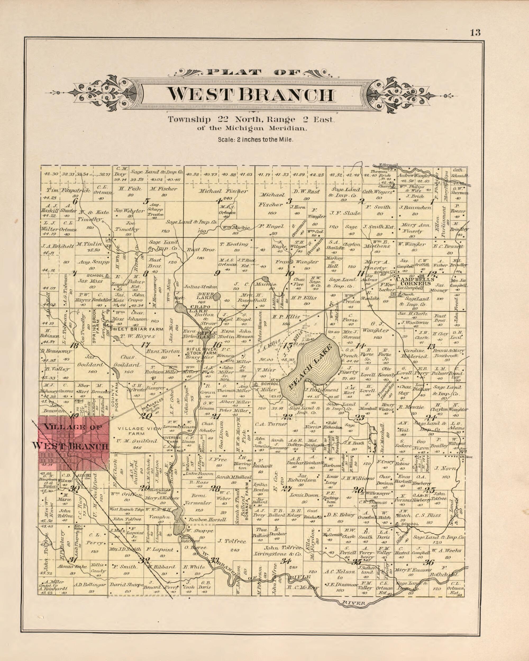 This old map of West Branch from Plat Book of Ogemaw County, Michigan from 1903 was created by P.A. & J.W. Myers (Firm) in 1903