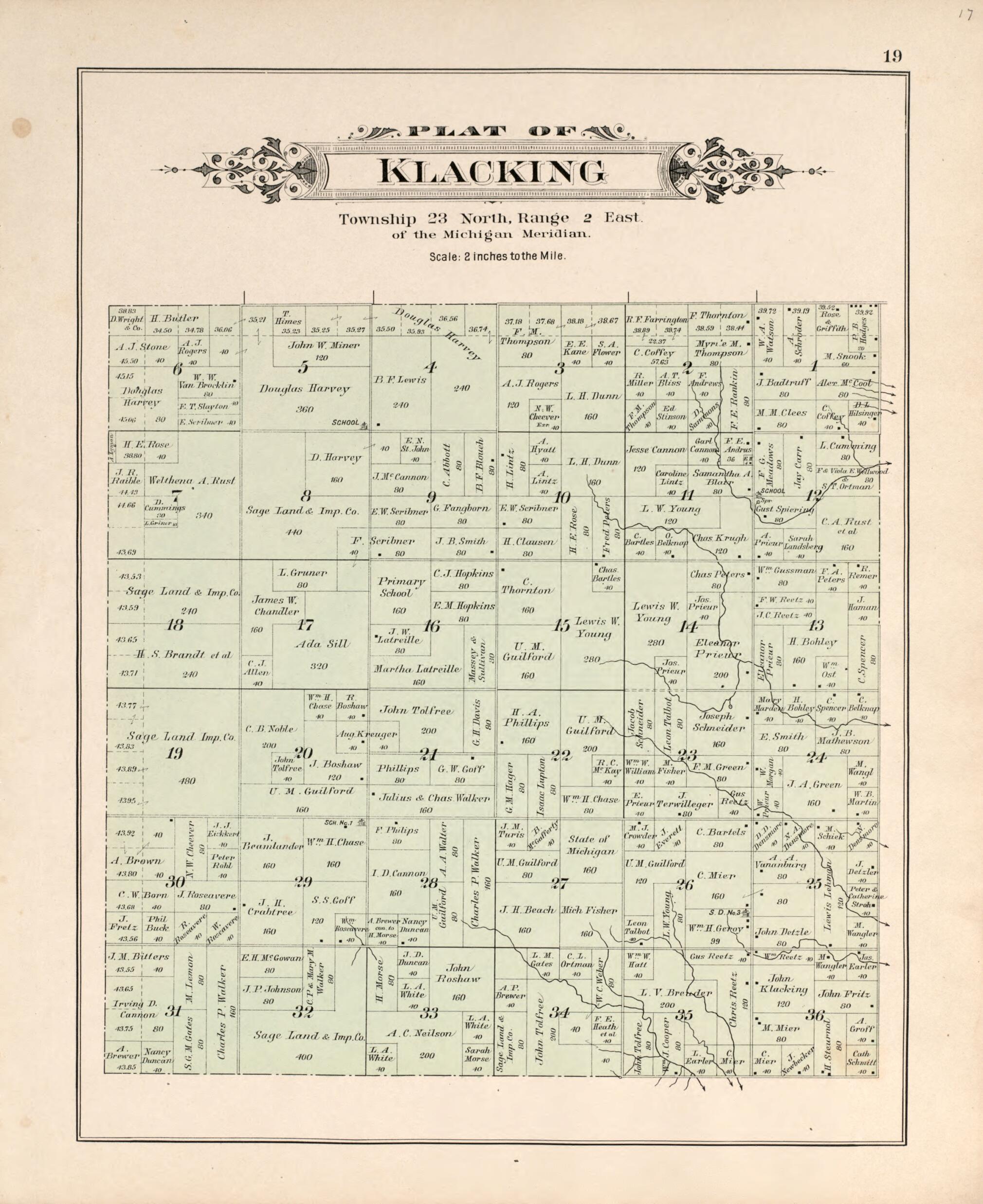 This old map of Klacking from Plat Book of Ogemaw County, Michigan from 1903 was created by P.A. & J.W. Myers (Firm) in 1903