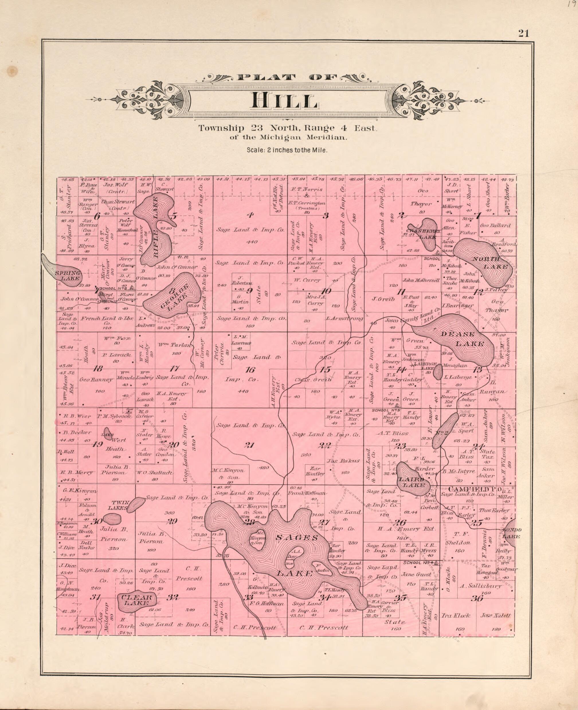 This old map of Hill from Plat Book of Ogemaw County, Michigan from 1903 was created by P.A. & J.W. Myers (Firm) in 1903
