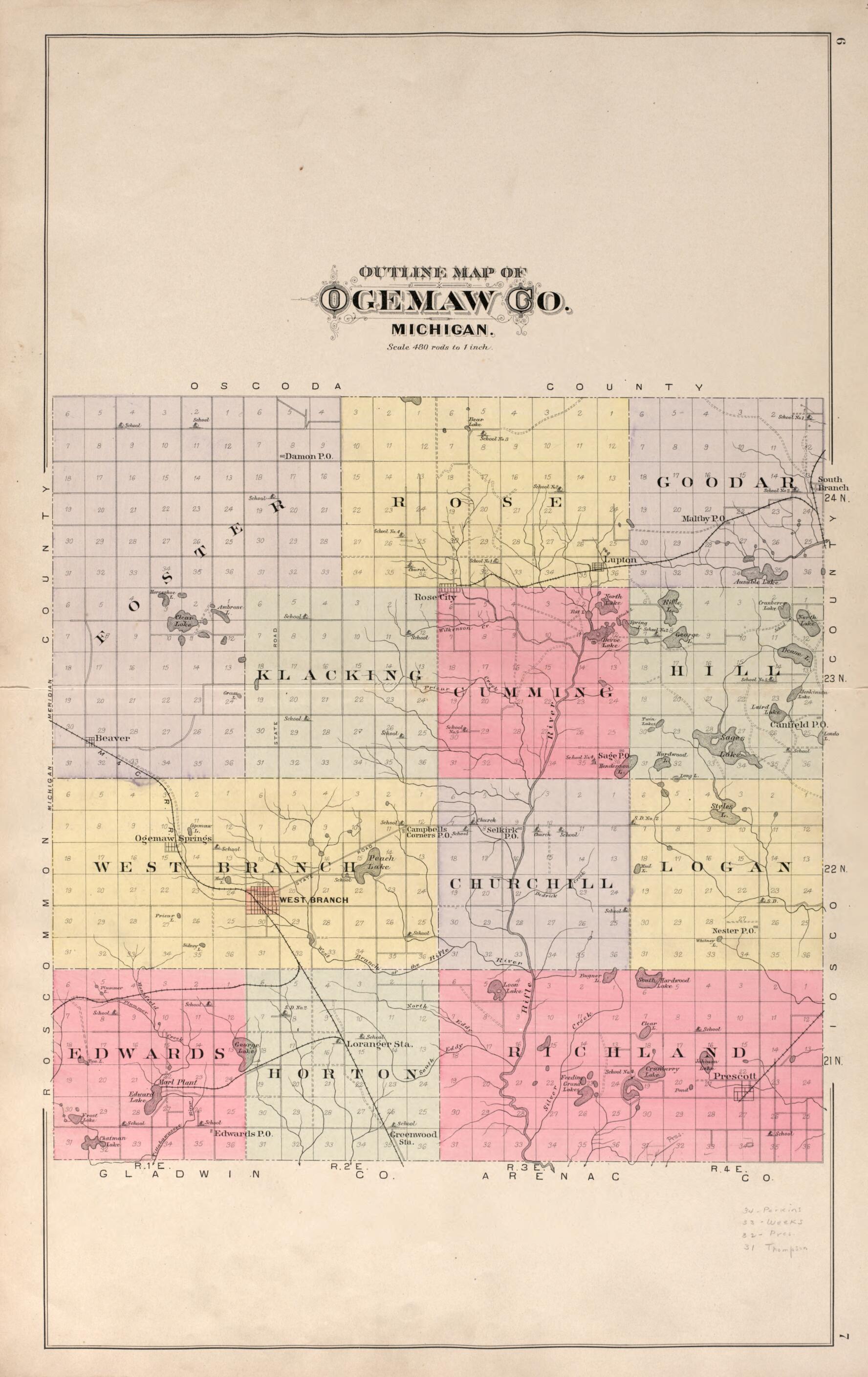 This old map of Ogemaw County from Plat Book of Ogemaw County, Michigan from 1903 was created by P.A. & J.W. Myers (Firm) in 1903