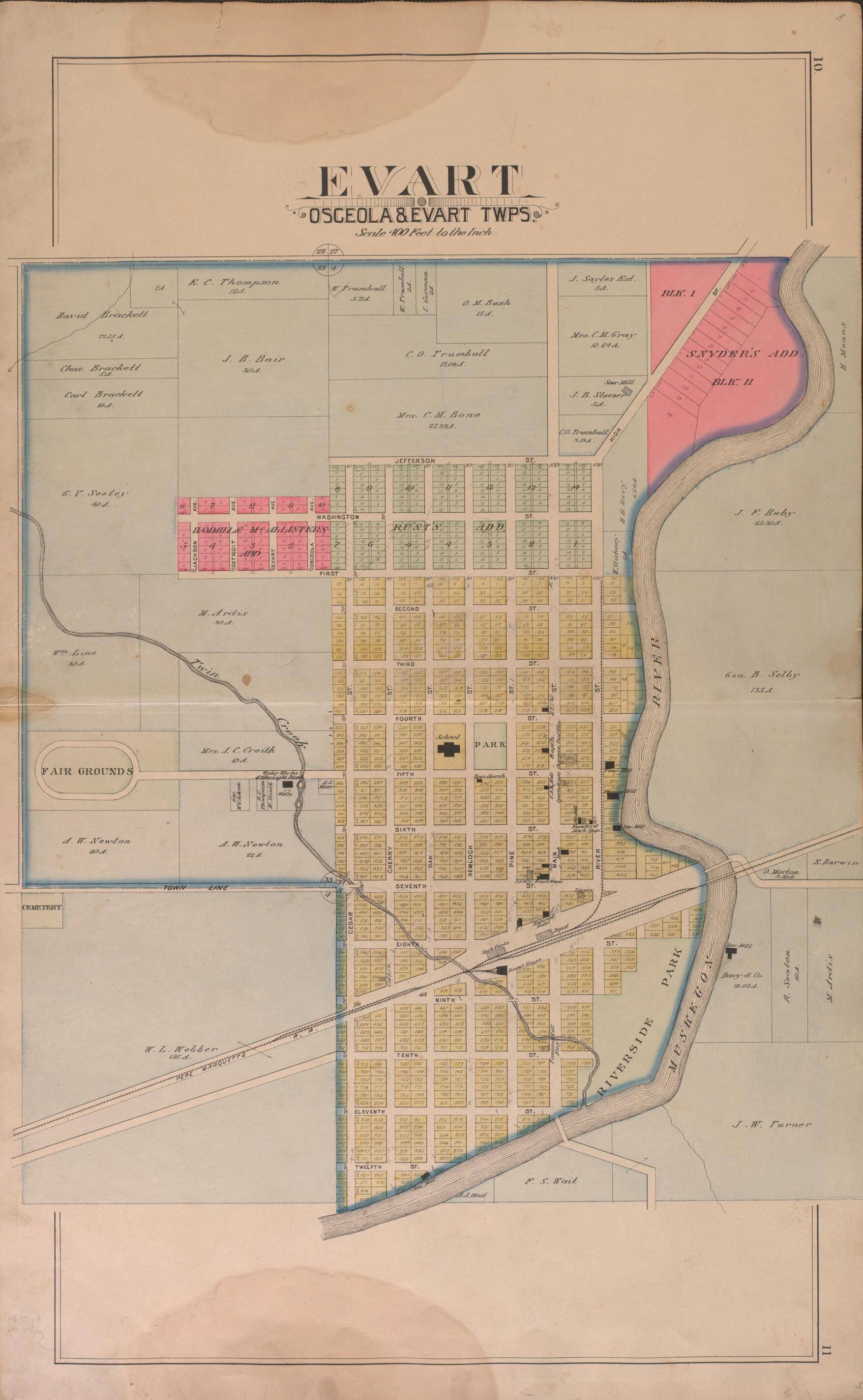 This old map of Evart--continued from Plat Book of Osceola County, Michigan from 1900 was created by P.A. & J.W. Myers (Firm) in 1900