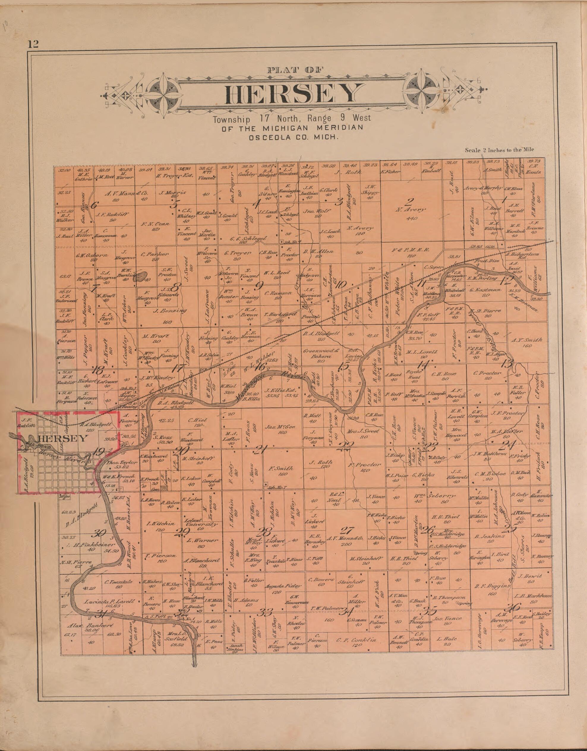 This old map of Hersey from Plat Book of Osceola County, Michigan from 1900 was created by P.A. & J.W. Myers (Firm) in 1900