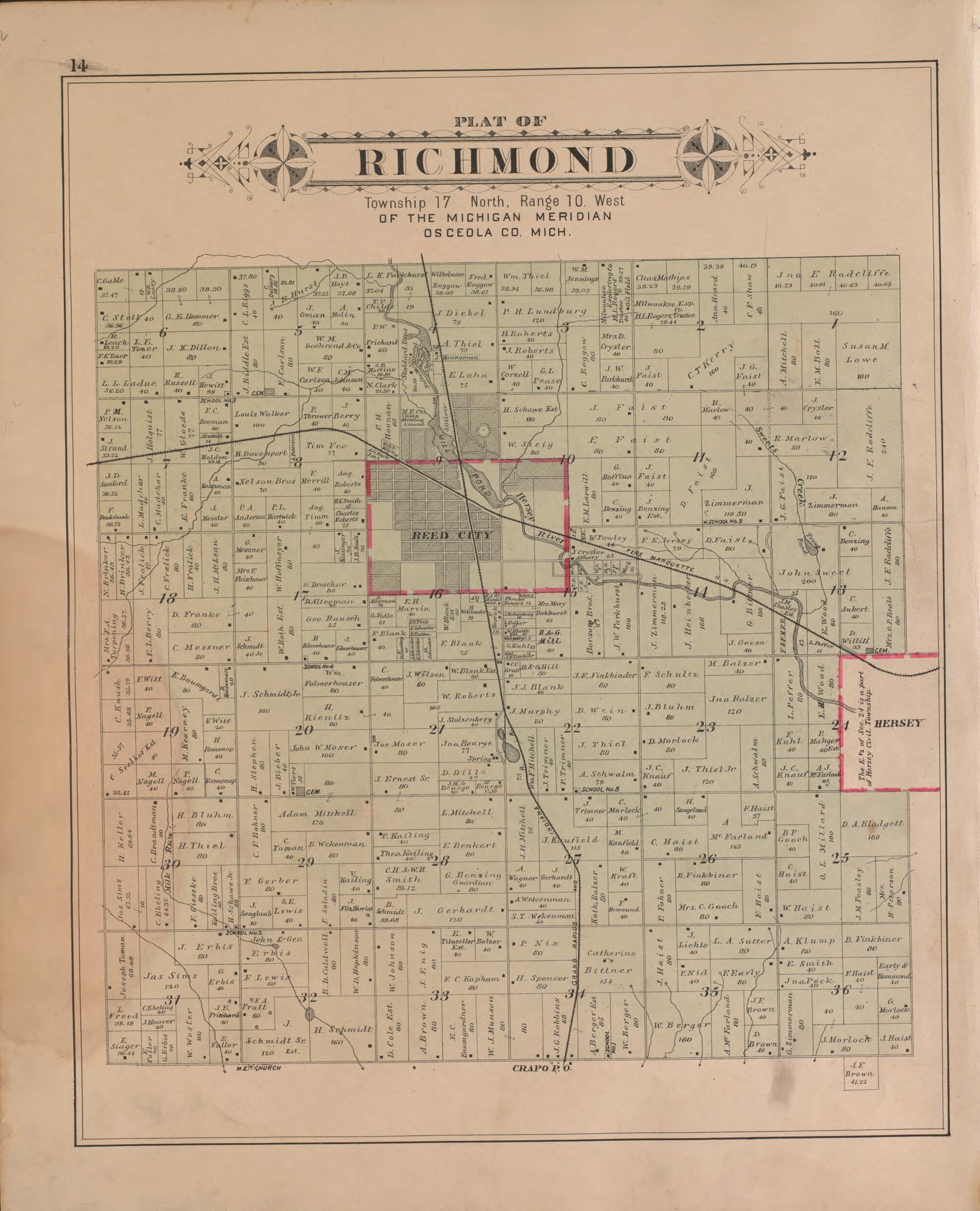 This old map of Richmond from Plat Book of Osceola County, Michigan from 1900 was created by P.A. & J.W. Myers (Firm) in 1900