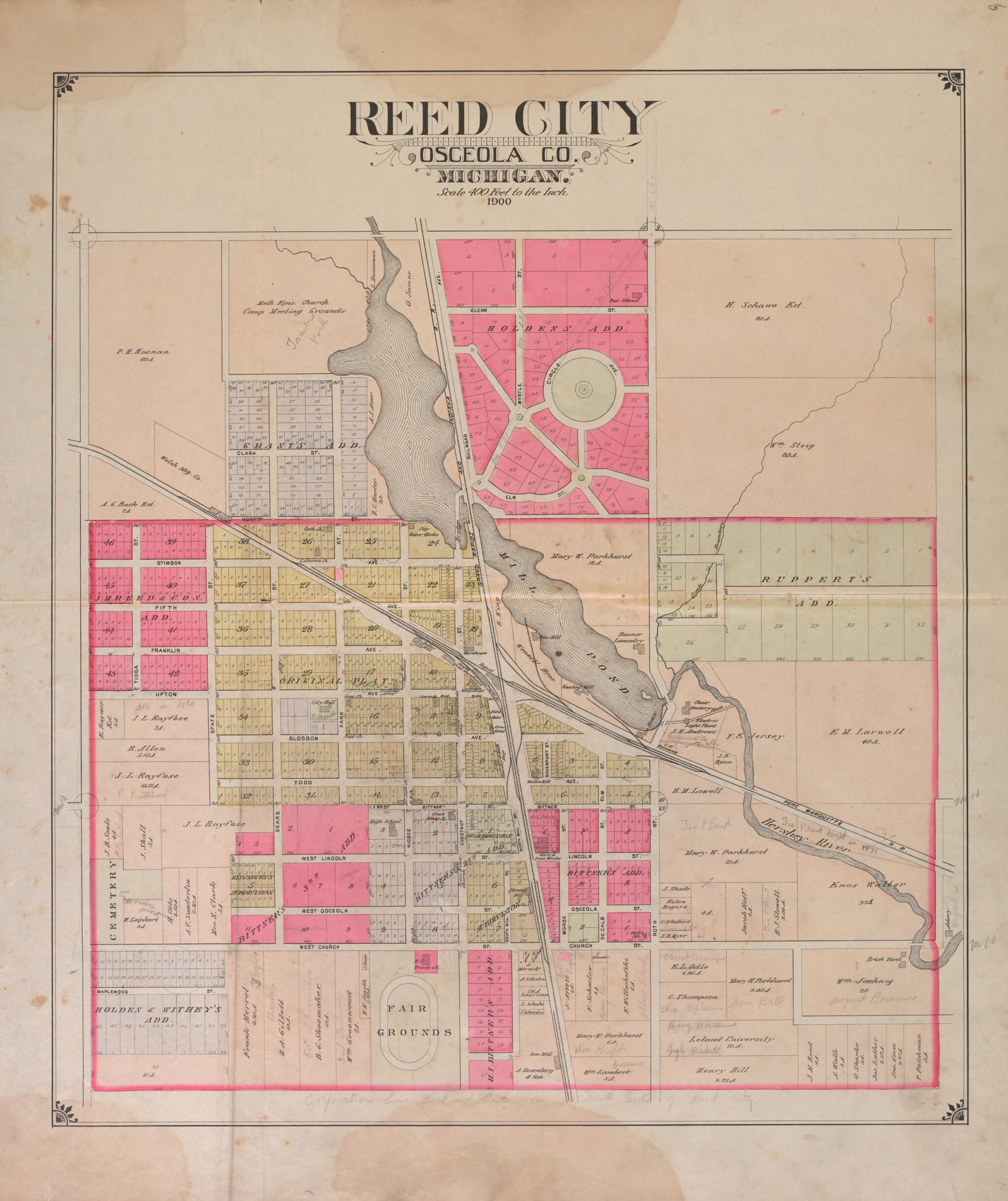 This old map of Reed City from Plat Book of Osceola County, Michigan from 1900 was created by P.A. & J.W. Myers (Firm) in 1900