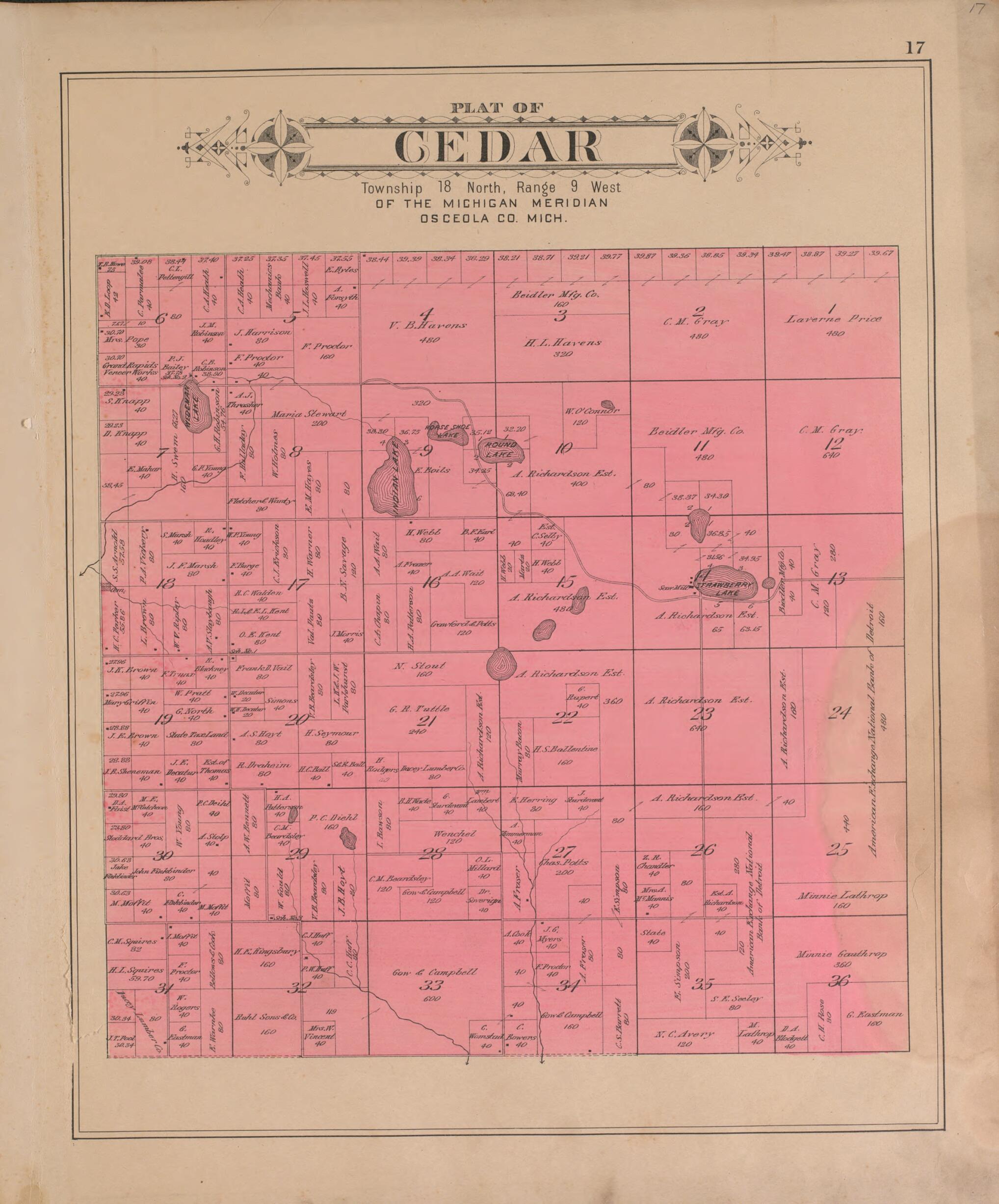 This old map of Cedar from Plat Book of Osceola County, Michigan from 1900 was created by P.A. & J.W. Myers (Firm) in 1900