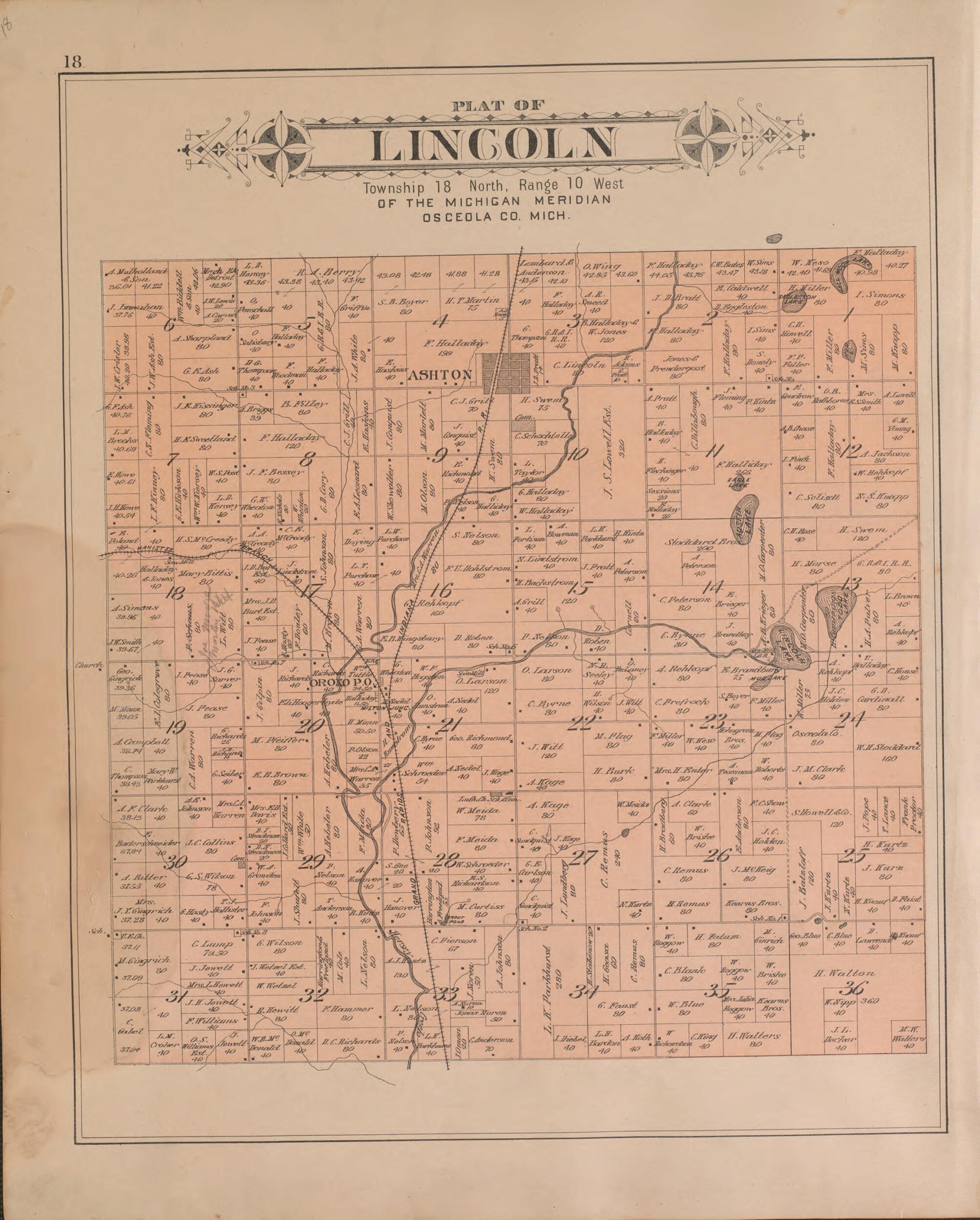 This old map of Lincoln from Plat Book of Osceola County, Michigan from 1900 was created by P.A. & J.W. Myers (Firm) in 1900