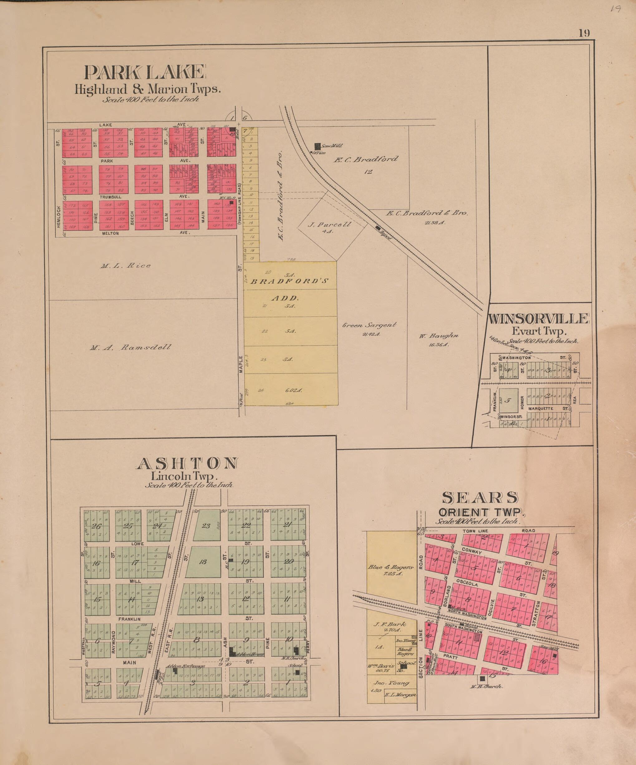 This old map of Park Lake, Sears and Ashton from Plat Book of Osceola County, Michigan from 1900 was created by P.A. & J.W. Myers (Firm) in 1900
