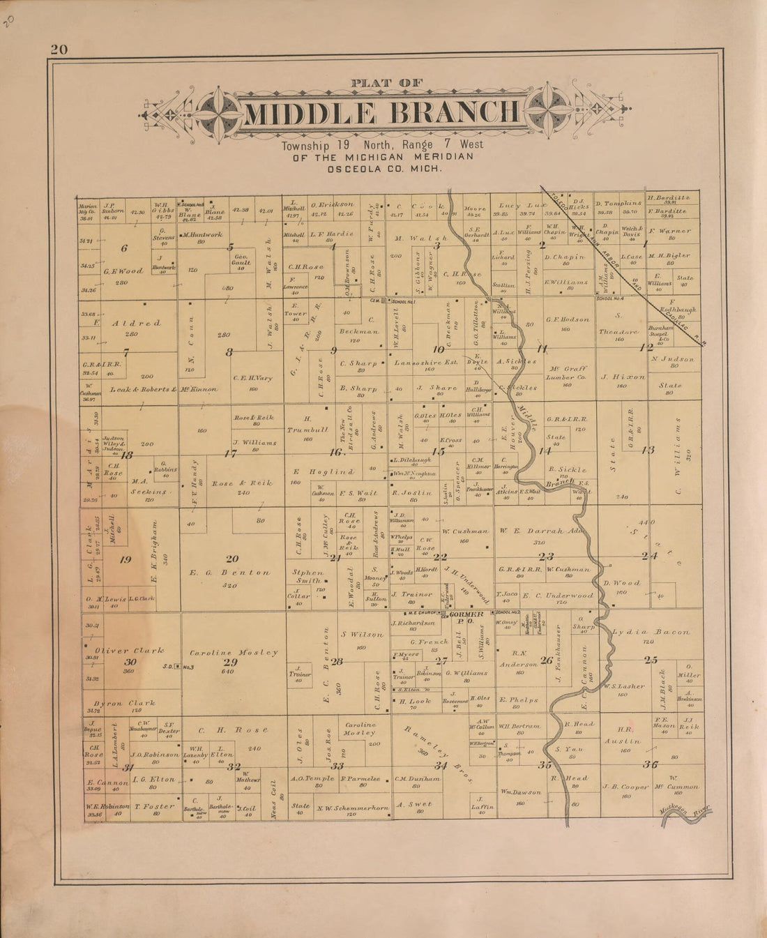 This old map of Middle Branch from Plat Book of Osceola County, Michigan from 1900 was created by P.A. & J.W. Myers (Firm) in 1900