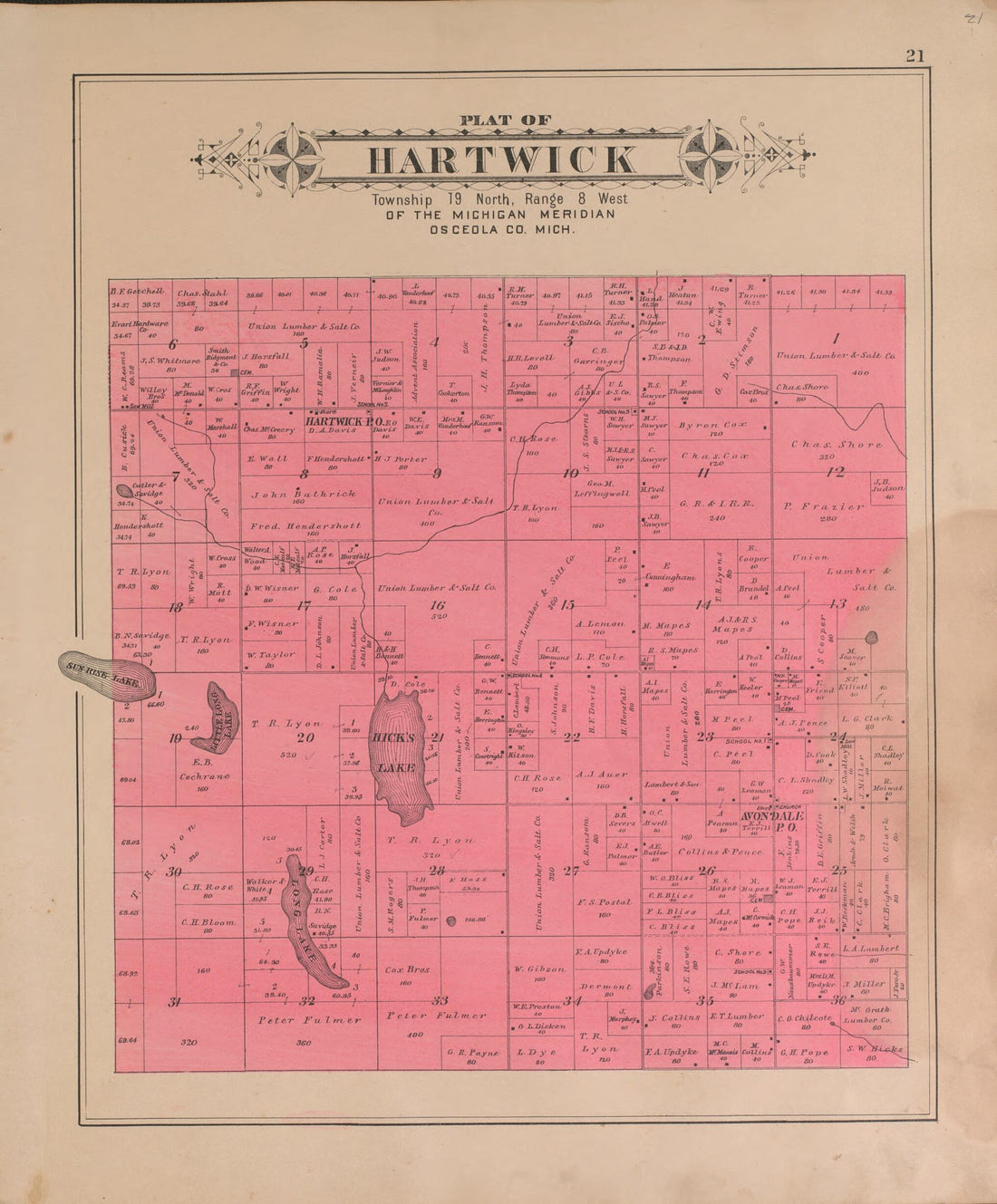 This old map of Hartwick from Plat Book of Osceola County, Michigan from 1900 was created by P.A. & J.W. Myers (Firm) in 1900