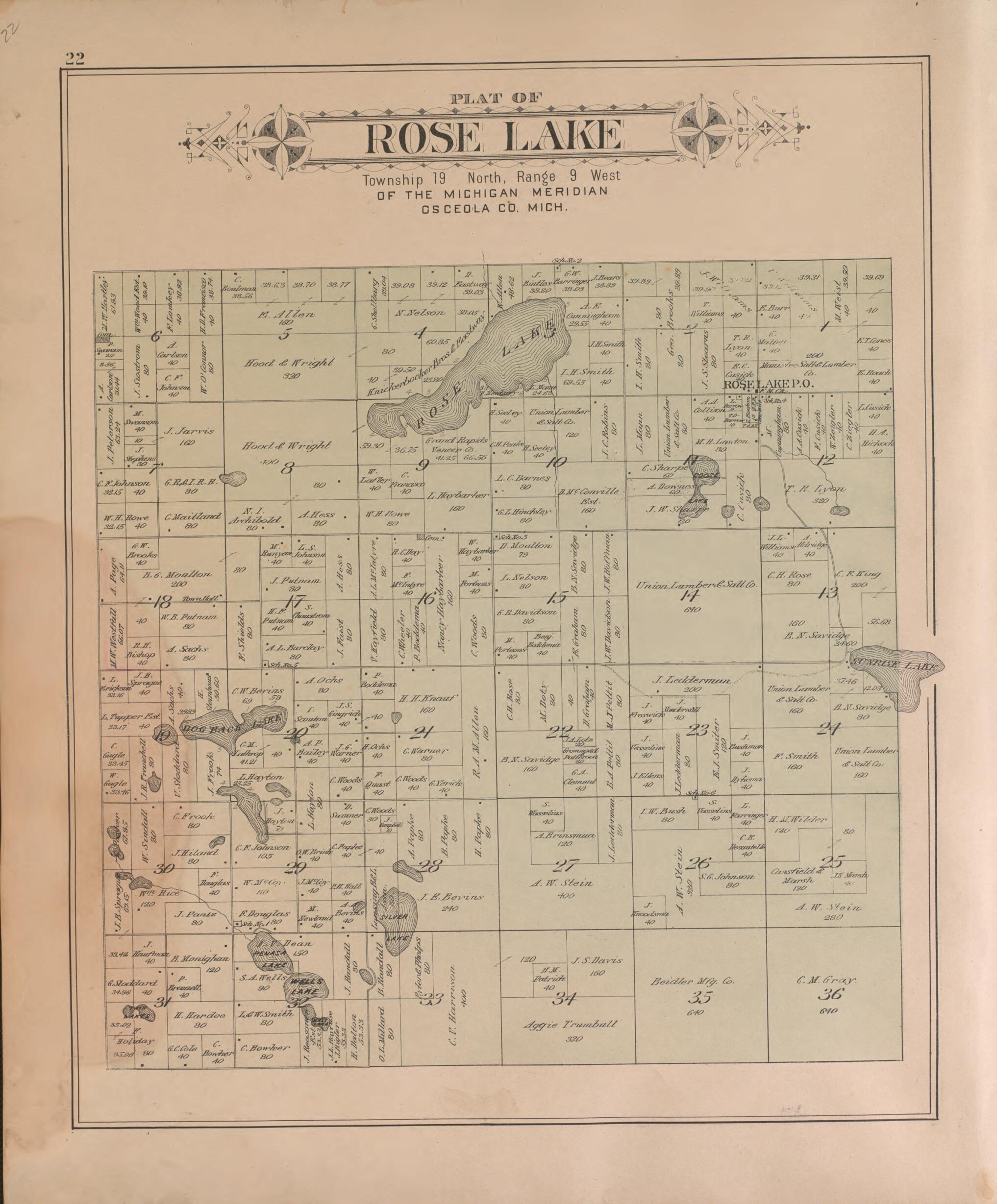 This old map of Rose Lake from Plat Book of Osceola County, Michigan from 1900 was created by P.A. & J.W. Myers (Firm) in 1900